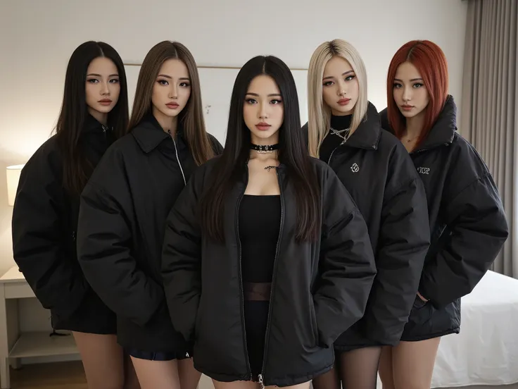 Ultra-realistic instagram RAW photo in luxurious bright bedroom with soft diffuse lighting. Five sexy skinny Russian emo-goth models are lined up in an ideal geometric composition, all with perfectly straight shiny hair down to the middle of her back. All ...