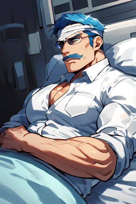 A middle-aged mafia boss man, he is injured head, he is hospitalized patient, Detailed face, Captivating look, moustache, Masculine face, Muscular body, Prominent veins, wearing white shirt and yellow tie and dark bule pants, blue hair, aqua color eyes, su...