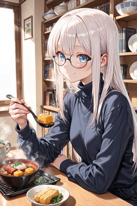((Masterpiece)),((best quality)),((incredibly absurdres)),((8K)),(semi realistic),
1 girl,solo,young female,kawaii,white hair,long hair,straight hair,blue eyes,small breasts,
((black eyewear)),(navy blue turtleneck shirt),long sleeves,(wide sleeves:0.5),(b...