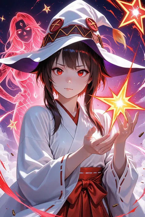 Megumin, (1man, ((Womens, miko, witch costume))), (masterpiece, detailed:1.2), (((Magnum, bullets that exterminate evil spirits give off dazzling light, bullets shine brightly and create a five-pointed star, Among them,))), glowing ethereal effect, semi-tr...