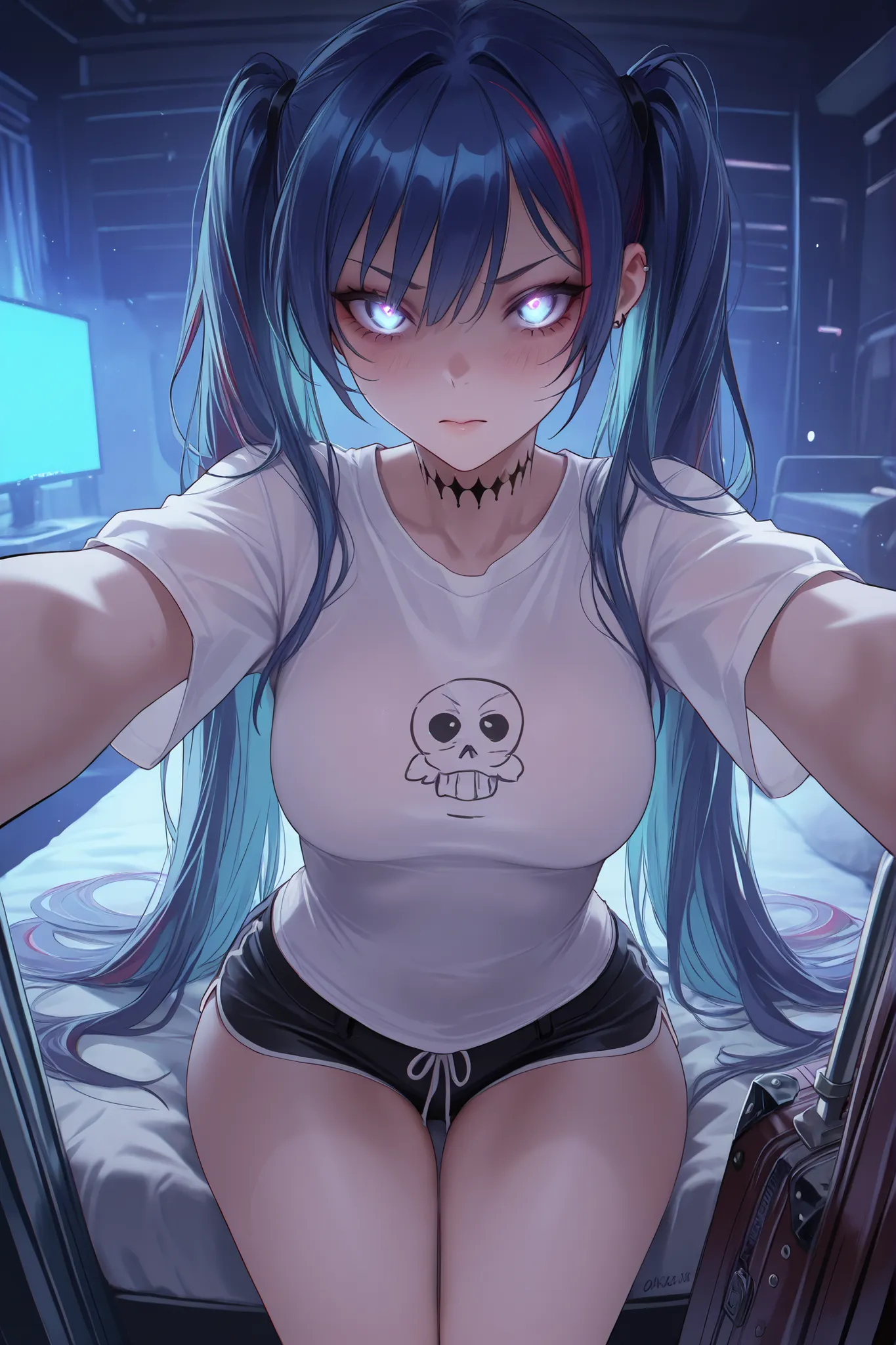 Dratena Belbury , masterpiece , best quality , amazing quality , 1girl , NSFW , chromatic aberration , very long hair, Blue eyes, glowing eyes, twintails , breasts, In the hotel room, Sitting on the bed, Eyes are wide open, suitcase nearby, looking at the ...