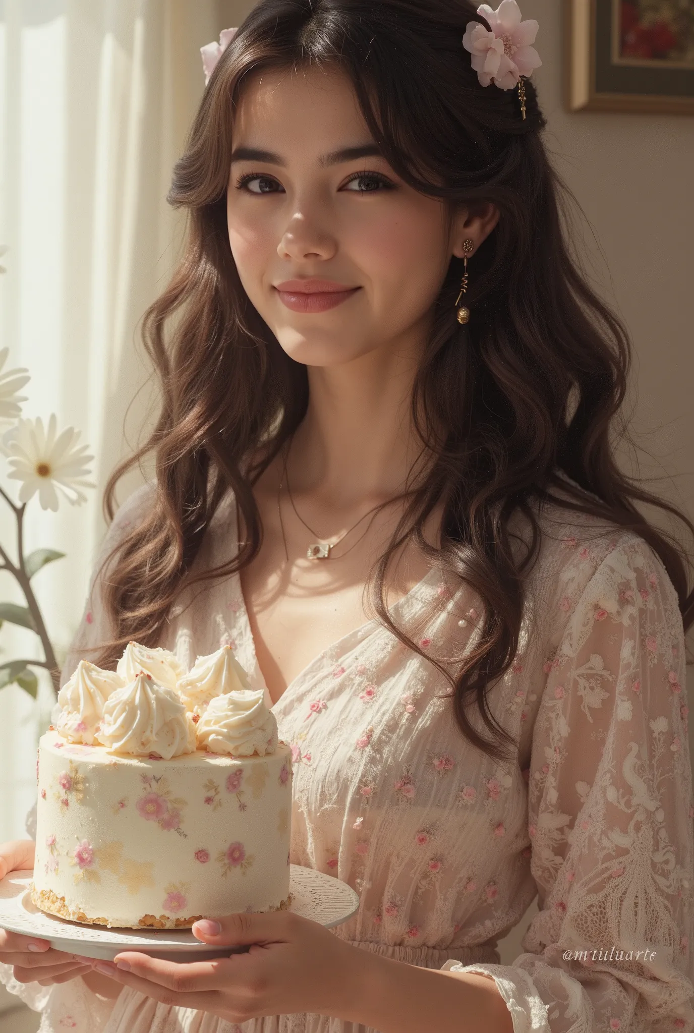 beautiful girl,holding a delicious cake in hand,smiling,graceful expression,wearing a fashionable dress,High Key Lighting,Dreamy atmosphere,precise description,8K rendering,realistic skin,Painting-like texture,Natural Light,understated colors,deep depth of...