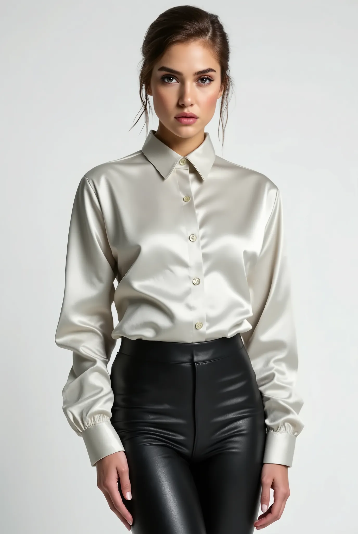 Ana Sofia Fehn, instagram model with a shiny satin button down shirt, black leather pants, white studio background