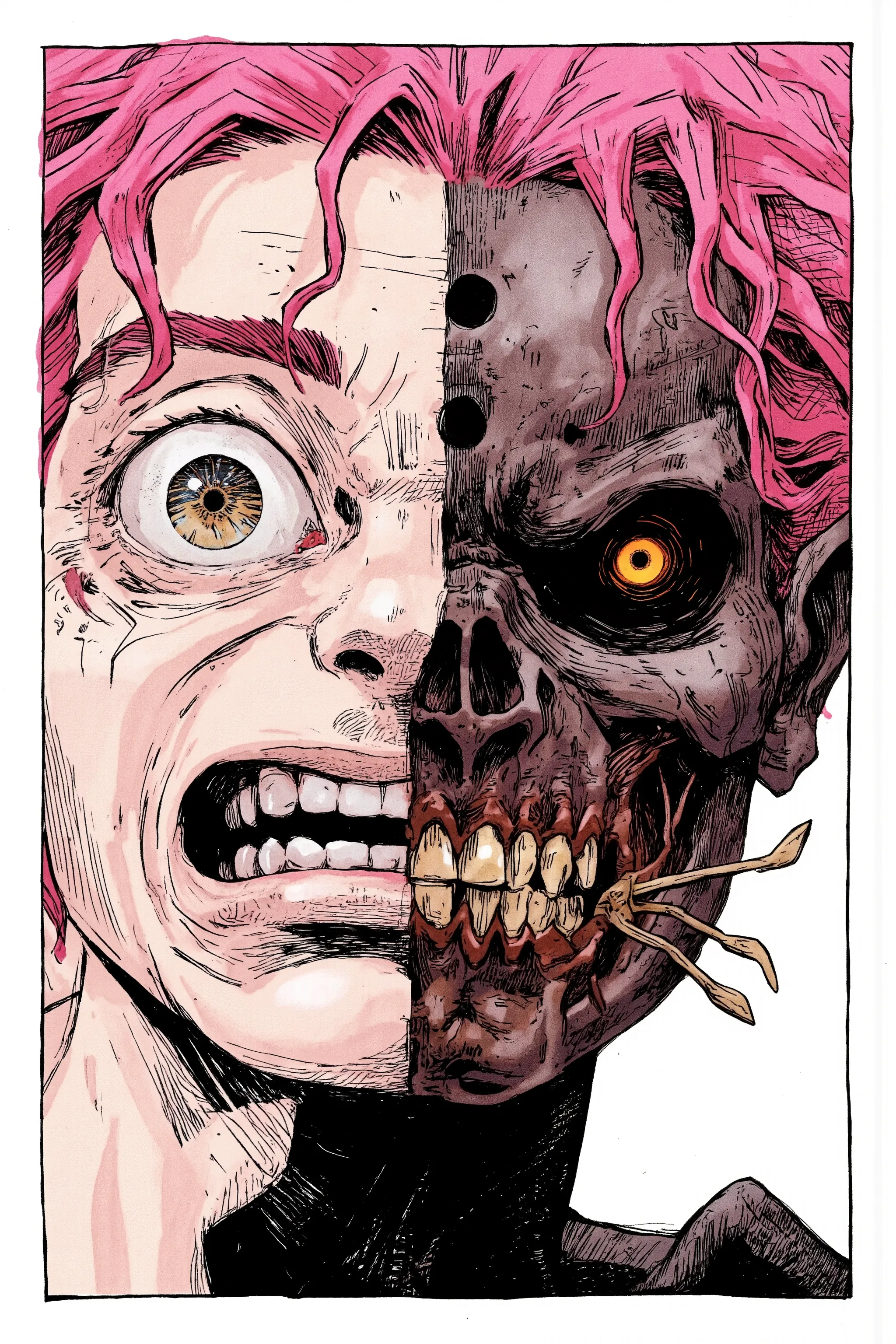 Impressive and intense illustration,the face of a person with bright pink hair in a disheveled style The close-up face contrastingly expresses strange and disturbing changes,The left side of the face is a human with large, white, heavily congested, exagger...