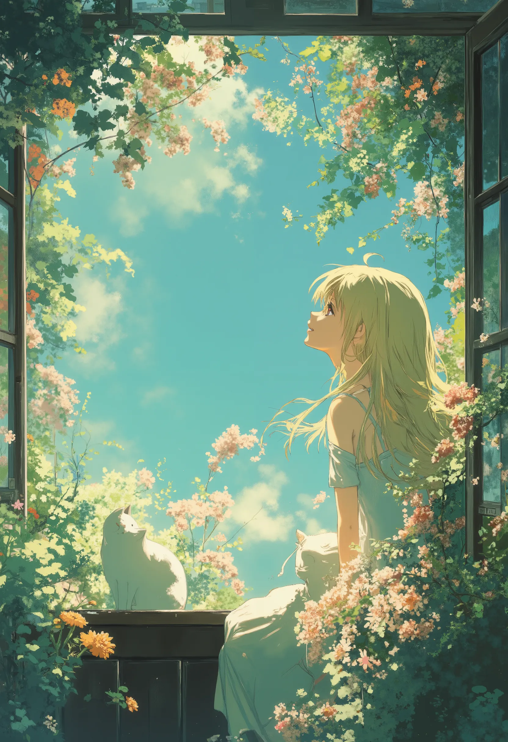 An ethereal anime girl with long flowing blonde hair in a white sundress, sitting peacefully on a balcony beside a white cat, under a bright blue summer sky. Her soft expression is full of wonder as she gazes into the sky. Lush green vines and white flower...