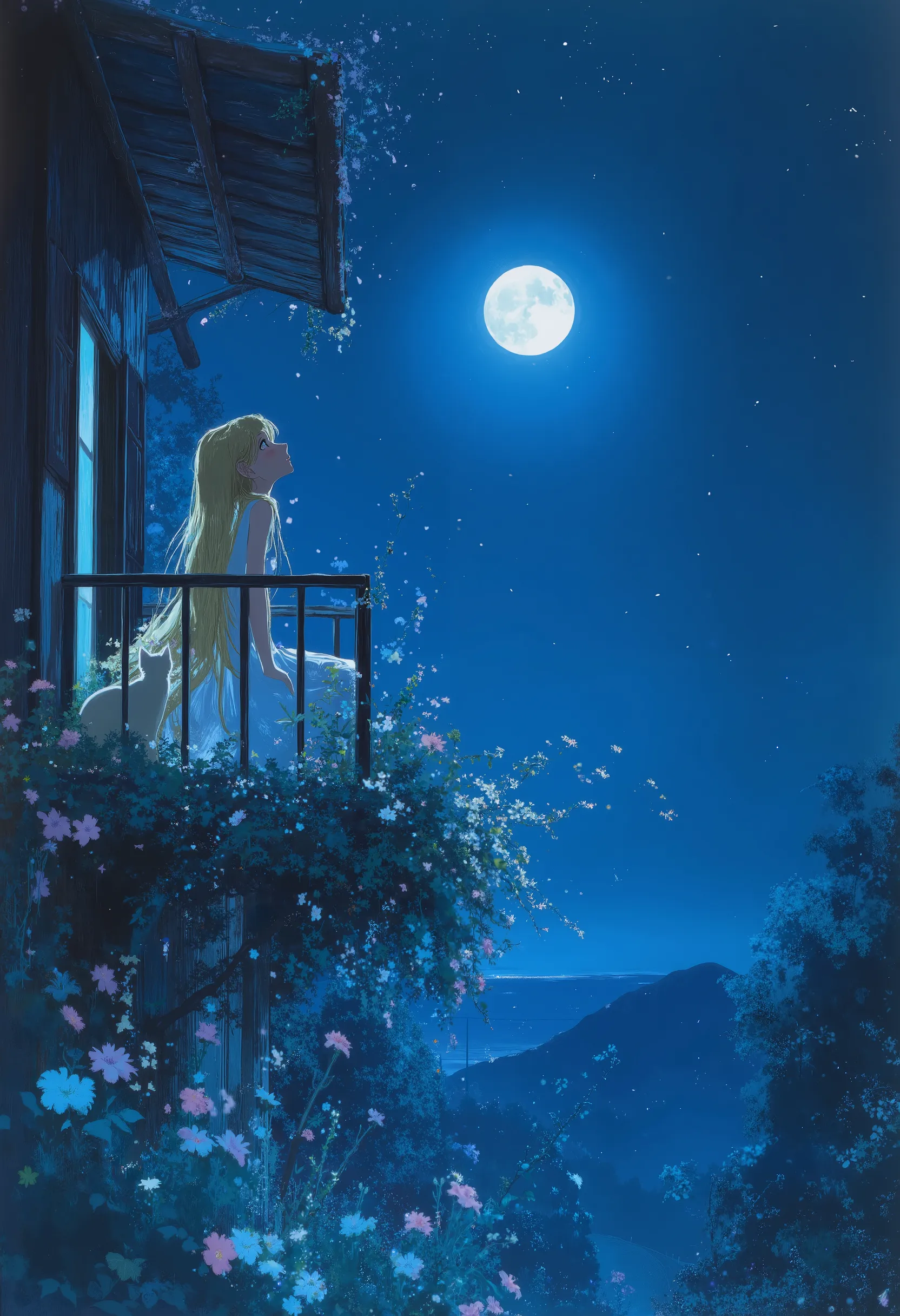 An anime girl with long flowing blonde hair in a white dress, sitting quietly on a balcony under a starry night sky, a full moon softly illuminating her and a white cat by her side. The air feels cool and magical, with faint glowing flowers and trailing vi...