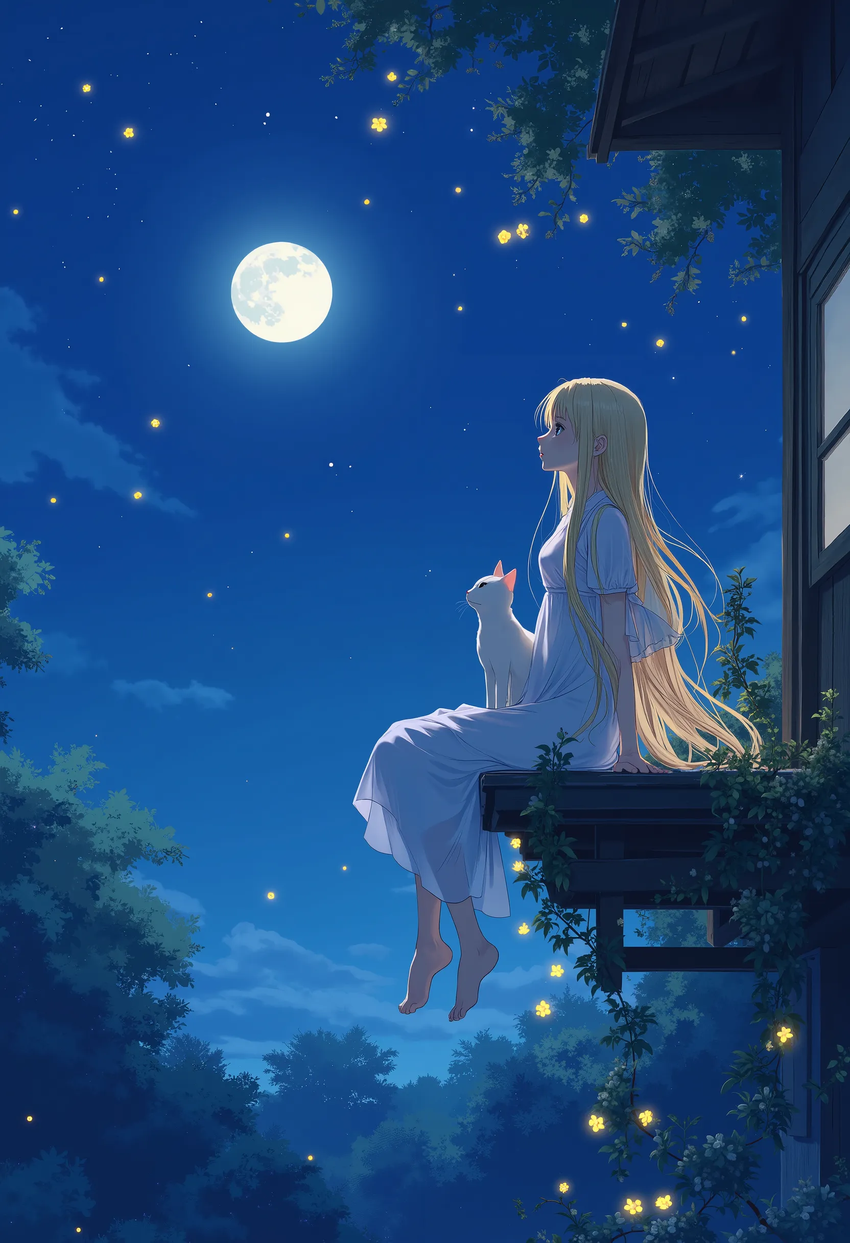 An anime girl with long flowing blonde hair in a white dress, sitting quietly on a balcony under a starry night sky, a full moon softly illuminating her and a white cat by her side. The air feels cool and magical, with faint glowing flowers and trailing vi...