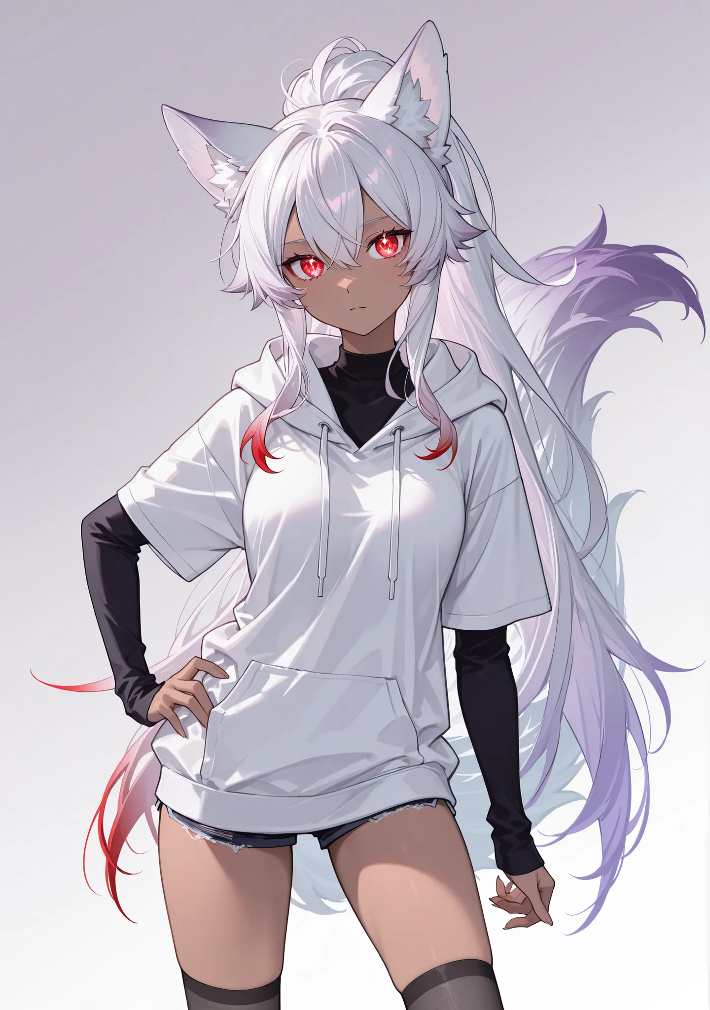 medium tan woman, wolf ears, white wolf tail with purple gradient, white purple tinted ponytail hair with purple gradient, glowing crimson red eyes, white hoodie, black undershirt, dark blue jean shorts, gray long tights, dark background, hottie digital an...