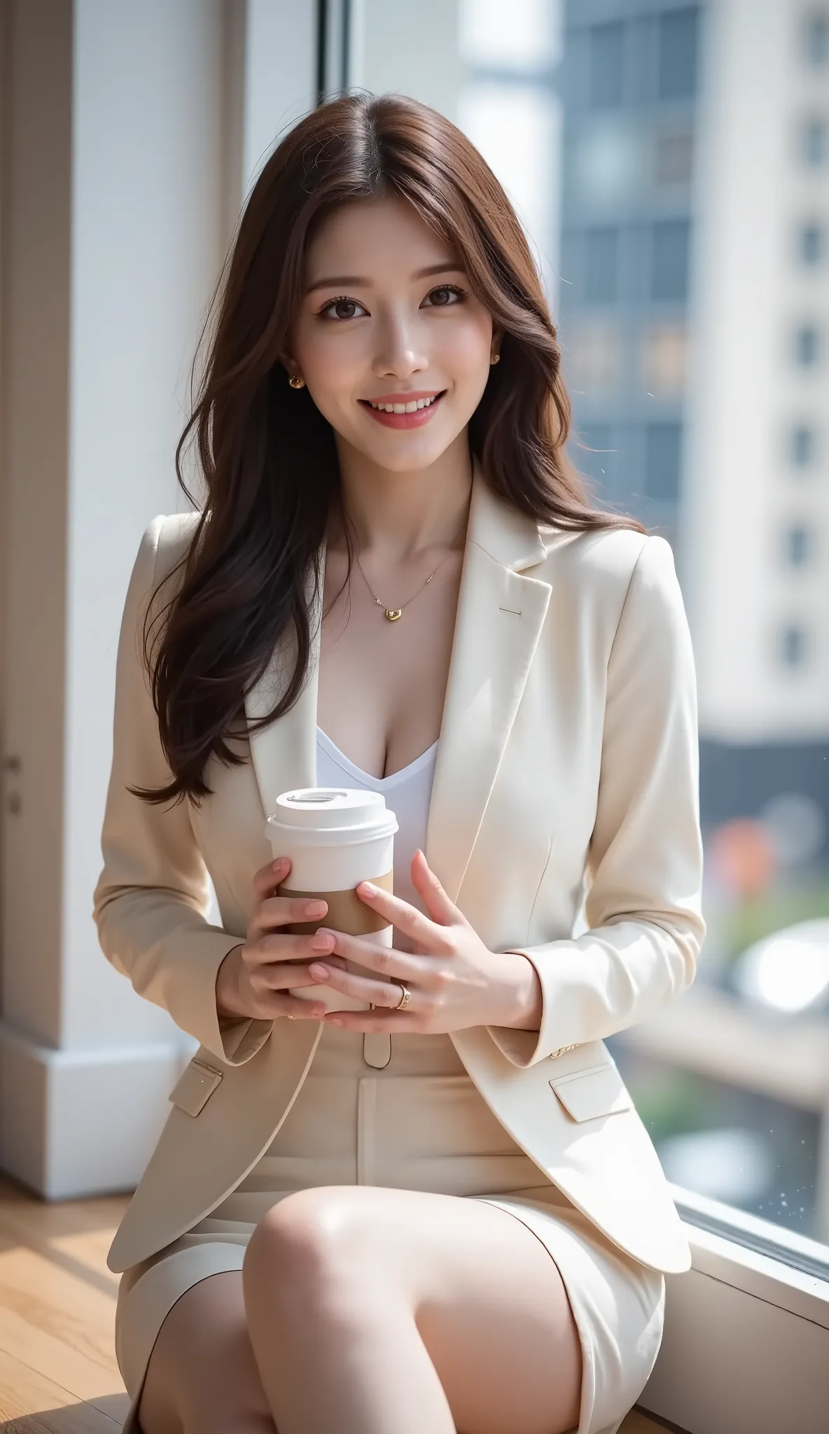 A gorgeous Asian girl with pink-white skin, a bright smile, long dark brown hair on the side, wears a light cream or beige suit, wears a white blouse, a skirt or matching shorts, adorned with a thin gold necklace and small gold stud earrings, wears shoes. ...