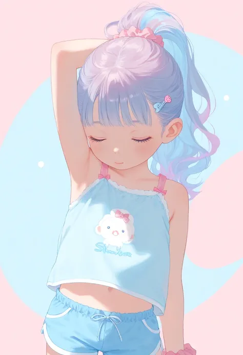 high quality,masterpiece,bronze hair, long hair, , blue eyes,shiny, soft lighting,pastel color palette, delicate shading, high detail, sharp lines, loli, child girl,cute, simple background, simple pattern background,colored inner hair,high ponytail,ribbon, baby doll top and cut-off shorts,hair scrunchie,stretching sideways with one arm raised and eyes closed,hairpin, deepthroat