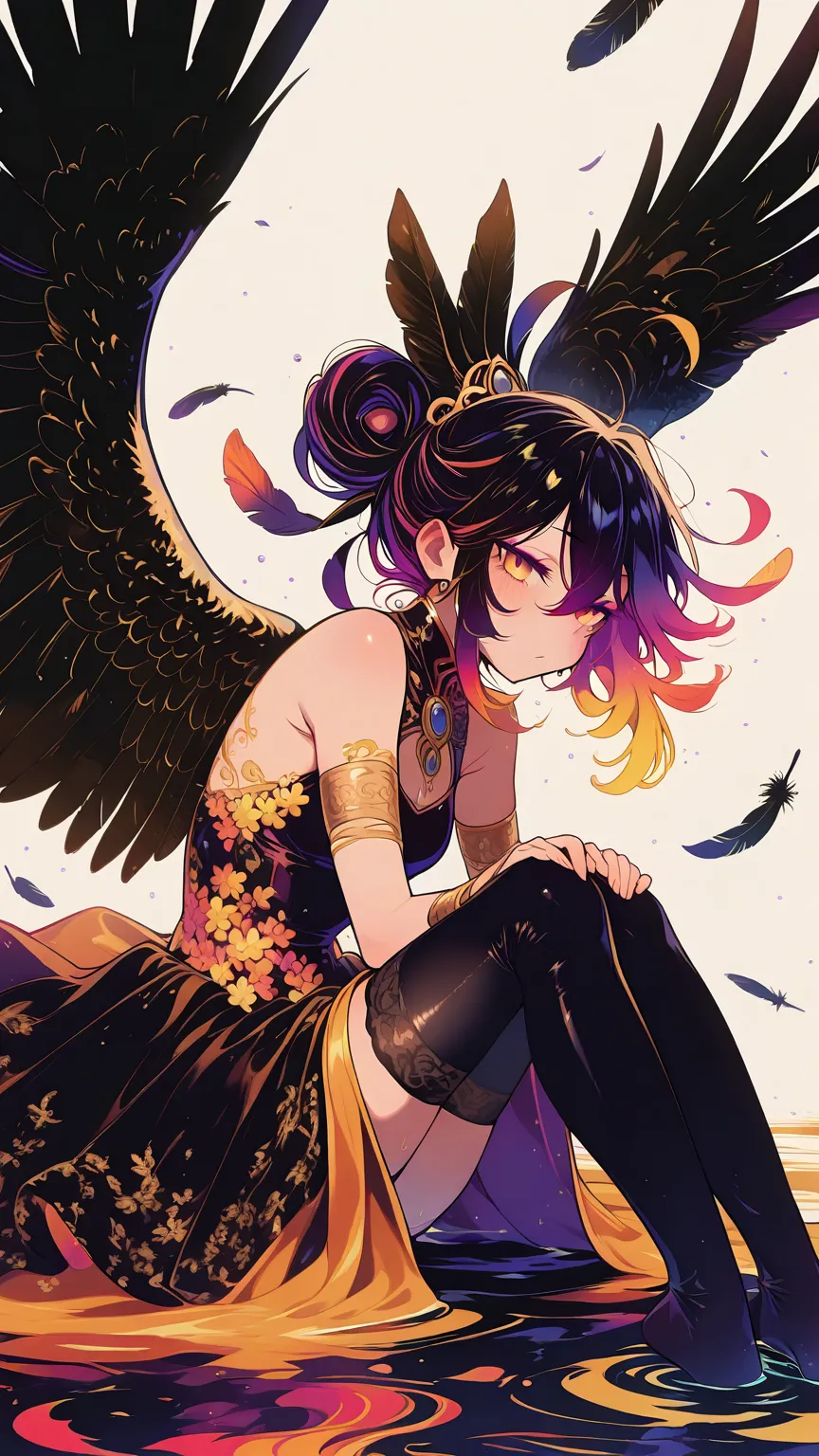 masterpiece, best quality, amazing quality, miaomiao_liulifa, white background、colorful line art、Crow Woman、Feather-like hairstyle、 Shiny black crow-winged、 Dress decorated with black feathers 、black stockings、sharp、Wrap your body with wings、Feathers Fall 、raise your knees、toes、 Flying 、coolポージング、A staring gaze、Flowing Composition、From the front、cool、Draw only lines、