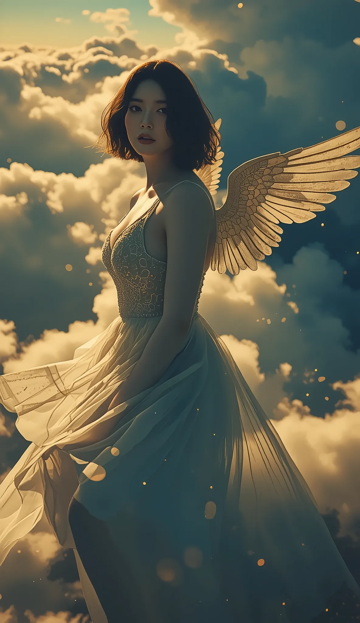 A high-fashion magazine cover shot from an aerial perspective, Dutch-angled at 25 degrees. An ethereal model-actress emerges from roiling cumulonimbus clouds, her crystalline wings spanning the frame in intricate 8K detail, shattering like Tiffany stained ...
