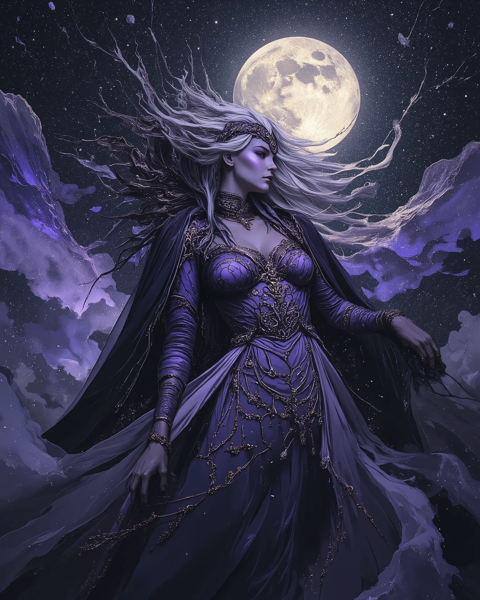award winning studio photo of beautiful powefull female god of the moon, epic pose, silver hair, (ultra detailed:1.4), lots details,  hdr, (luxury holographic dark purple corset dress:1.4), (cloak:1.2), (complex patterns:1.2),  (ancient caligraphy:1.2), bl...