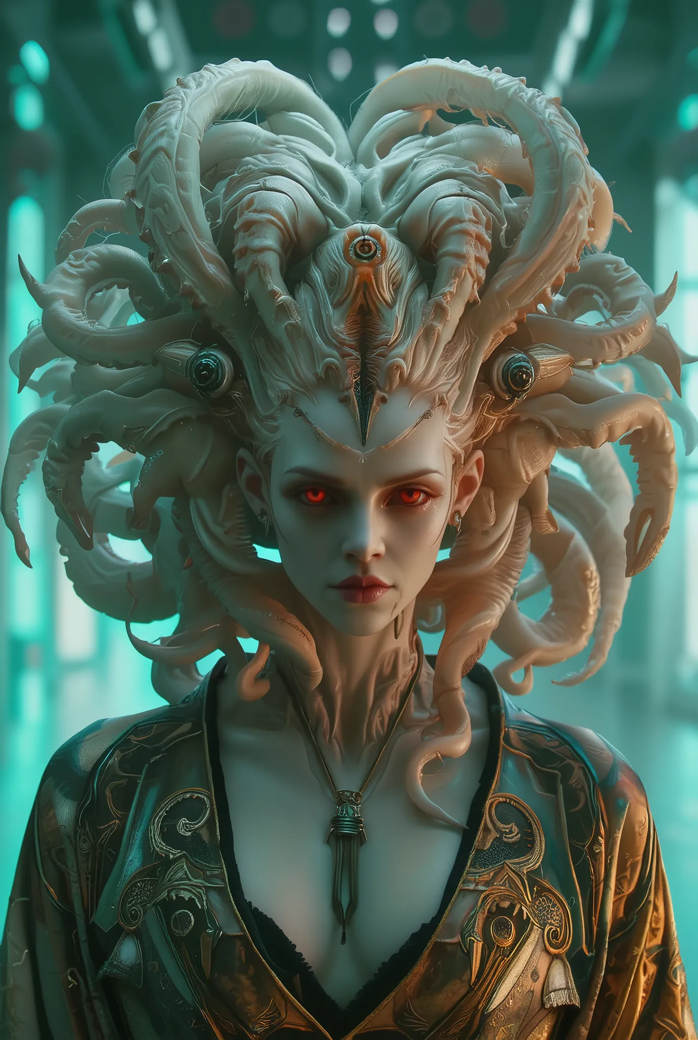 neon colored, (photos realistic:1.7), (1 beautiful and erotic female alien:1.4), (There is a female genital-like organ in the middle of her forehead:1.95), She has medusa-like hair, (there are lots of translucent tentacles from her head like her hair:1.5),...