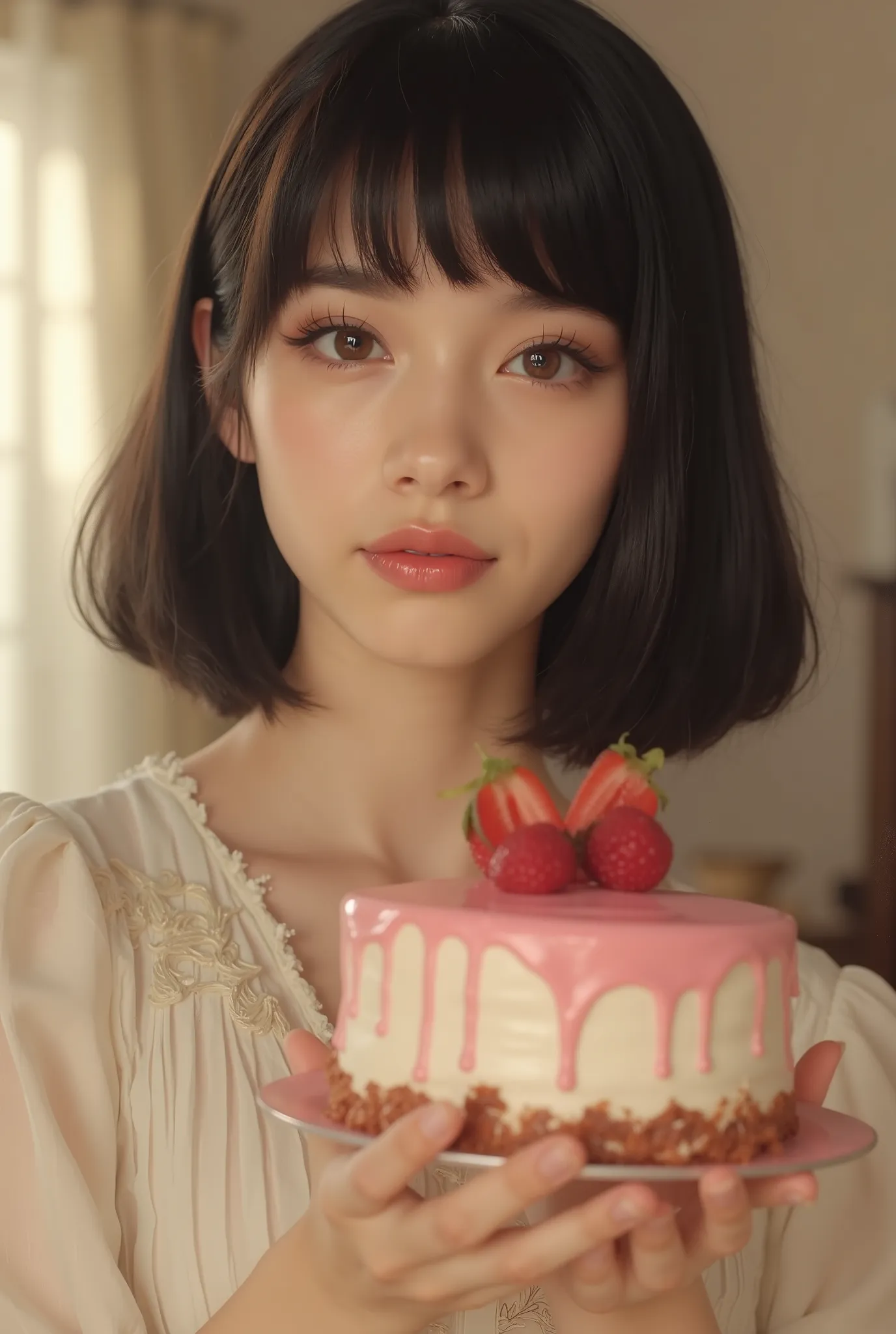 beautiful girl,holding a delicious cake in hand,smiling,graceful expression,wearing a fashionable dress,High Key Lighting,Dreamy atmosphere,precise description,8K rendering,realistic skin,Painting-like texture,Natural Light,understated colors,deep depth of...