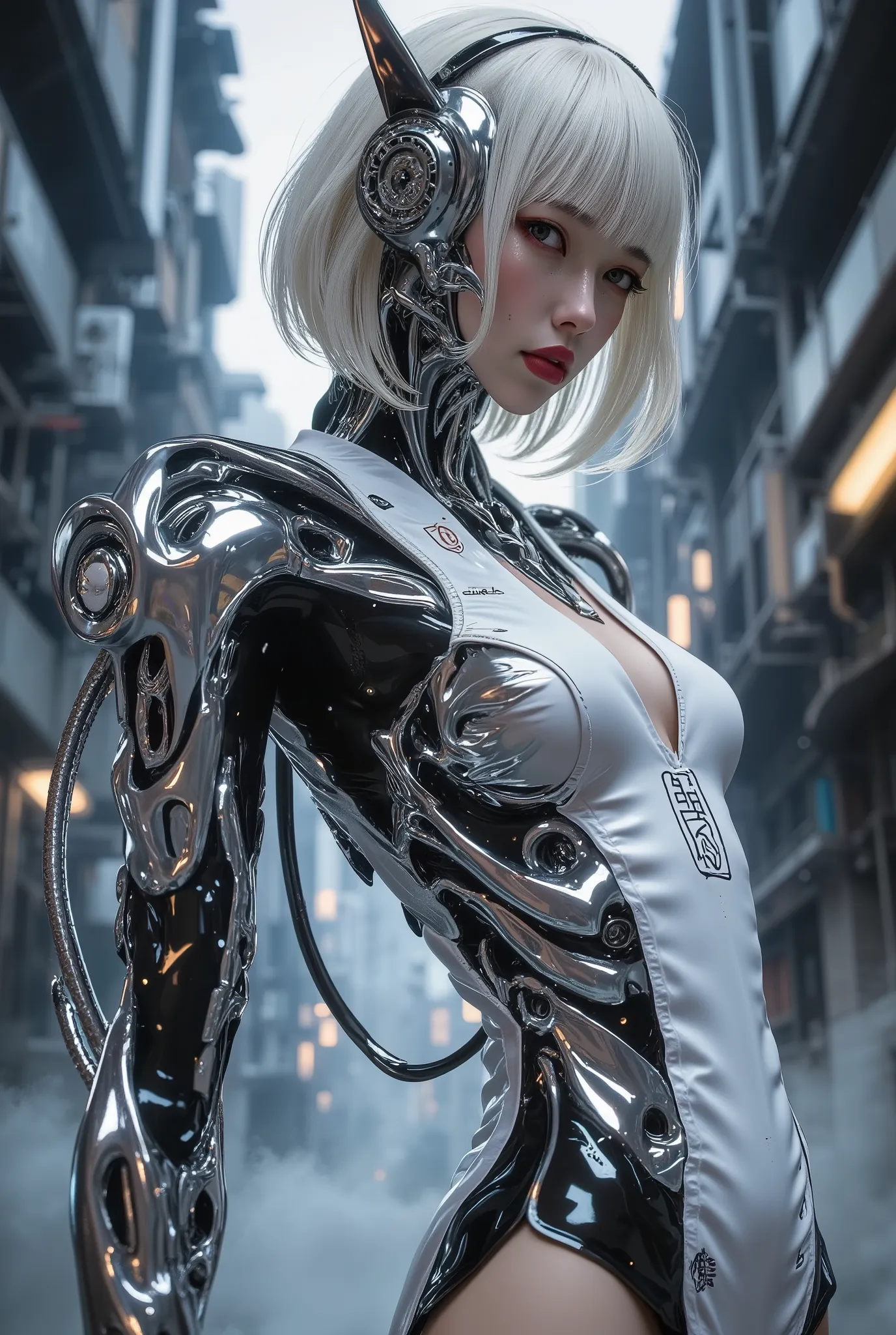 (portrait Full body of a beautiful ultra-realistic cybernetic geisha:1.5), (8k, UHD, realismo, qualidade da foto:1.4), (inspired by Art Nouveau, Mucha style and modern Art Nouveau:1.4), (postura corporal: side profile with the head facing the viewer:1.3), ...