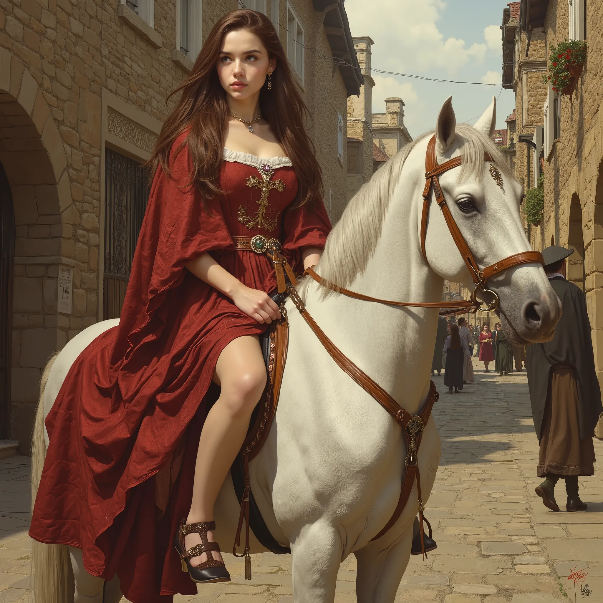 Photorealistic and painterly image inspired by John Collier’s Lady Godiva, reimagined with accurate historical detail. Lady Godiva rides side-saddle on a white horse draped in rich red cloth through a silent, empty medieval town. Her long, flowing brown ha...