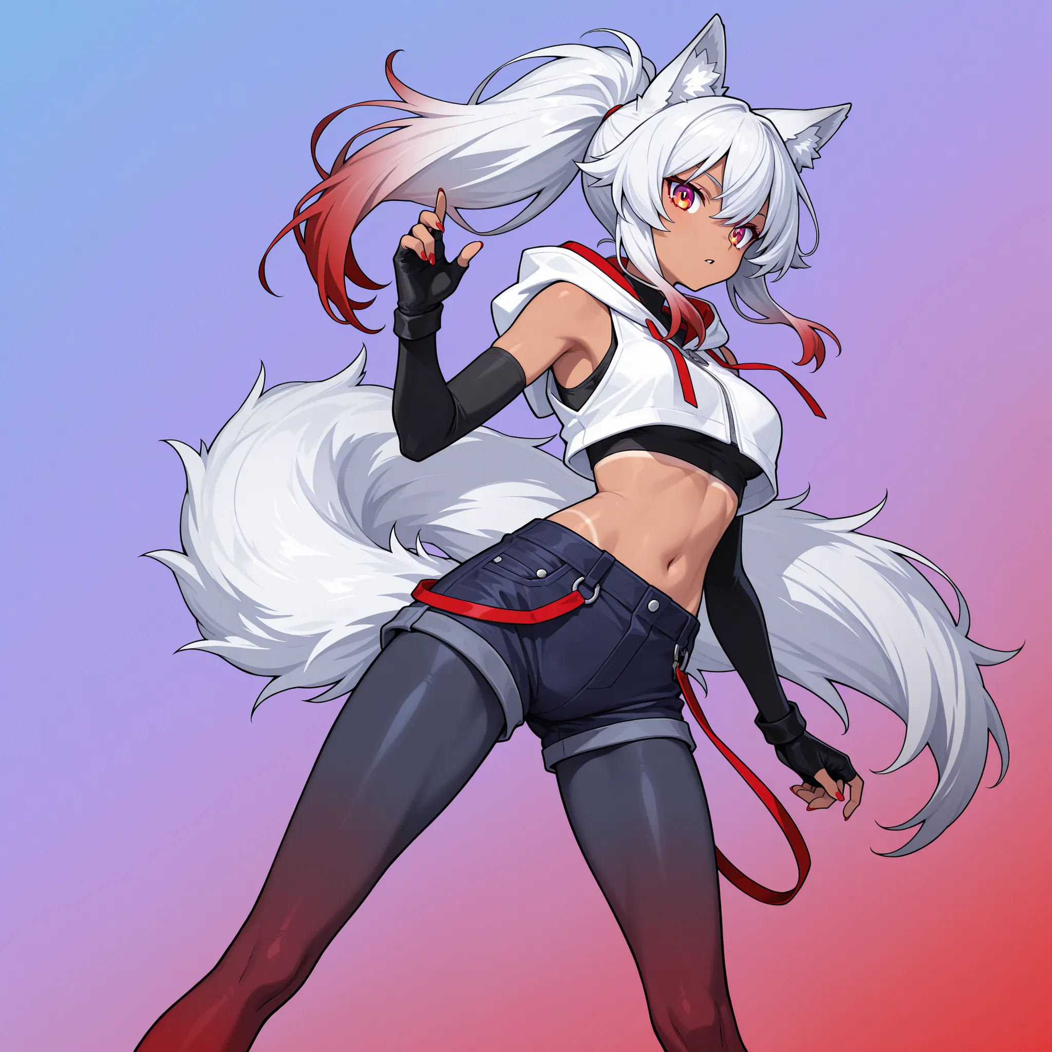 medium tan 1woman, wolf ears, white wolf tail with purple gradient, white colored ponytail hair with purple gradient, crimson red colored eyes, white cropped sleeveless hoodie, long black fingerless gloves,  black undershirt, dark blue jean shorts, gray lo...