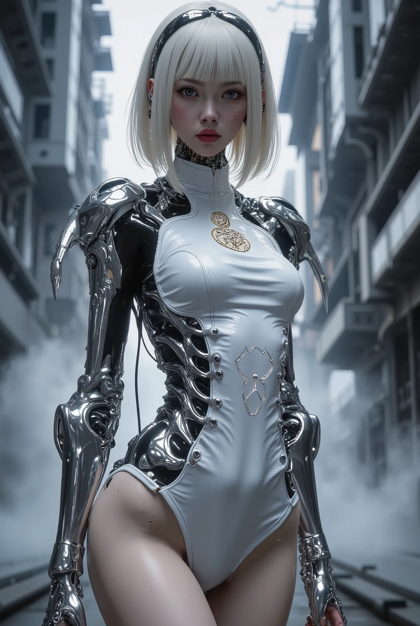 (full-body portrait of a stunning cybernetic geisha in ultra-realistic style:1.5), (8k, UHD, photorealistic detail:1.5), (inspired by Art Nouveau, flowing decorative lines and modern elegance:1.4), (elegant standing pose with subtle hip tilt and head turne...