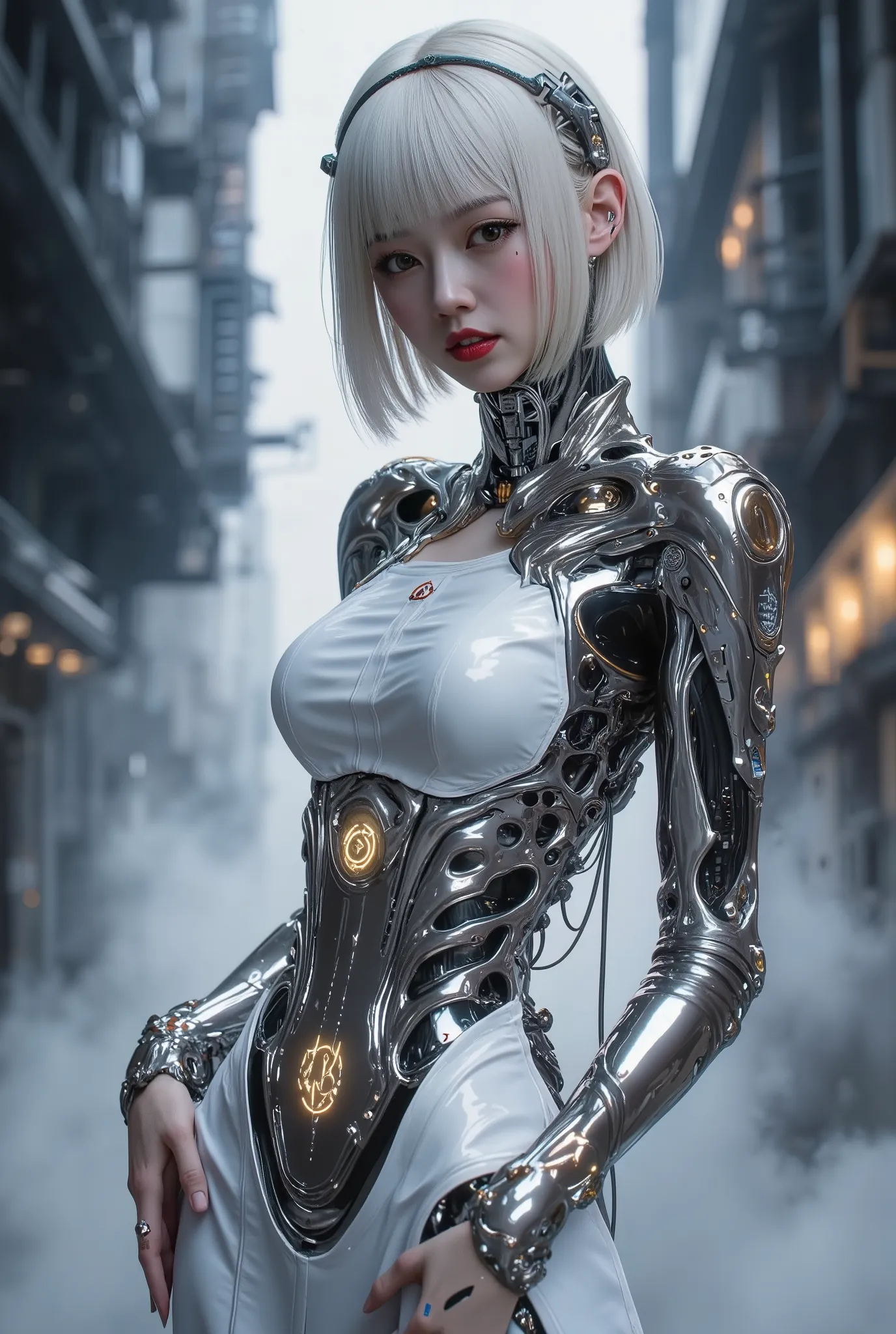 (full-body portrait of a stunning cybernetic geisha in ultra-realistic style:1.5), (8k, UHD, photorealistic detail:1.5), (inspired by Art Nouveau, flowing decorative lines and modern elegance:1.4), (elegant standing pose with subtle hip tilt and head turne...