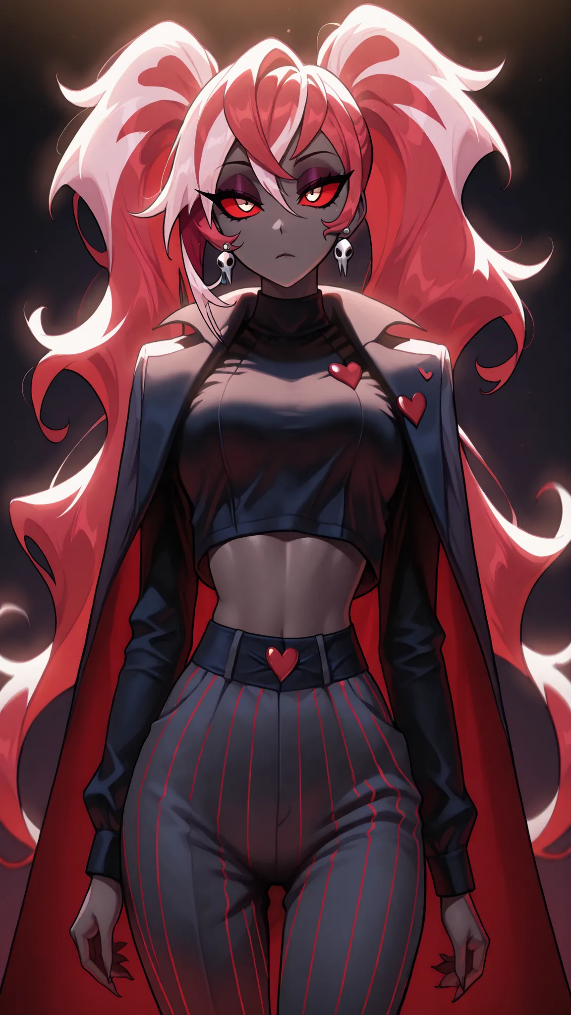 Hearts,Crop Top,Multicolored Hair,Striped,Red Hair,Pink Hair,Cape,Eyeshadow,Midriff,Colored Sclera,Twintails,Earrings,Velvette,Long Hair,Dark Skin,Colored Skin,dark background,backlighting,(masterpiece, detailed:1.2), office lady attire, fitted formal pant...