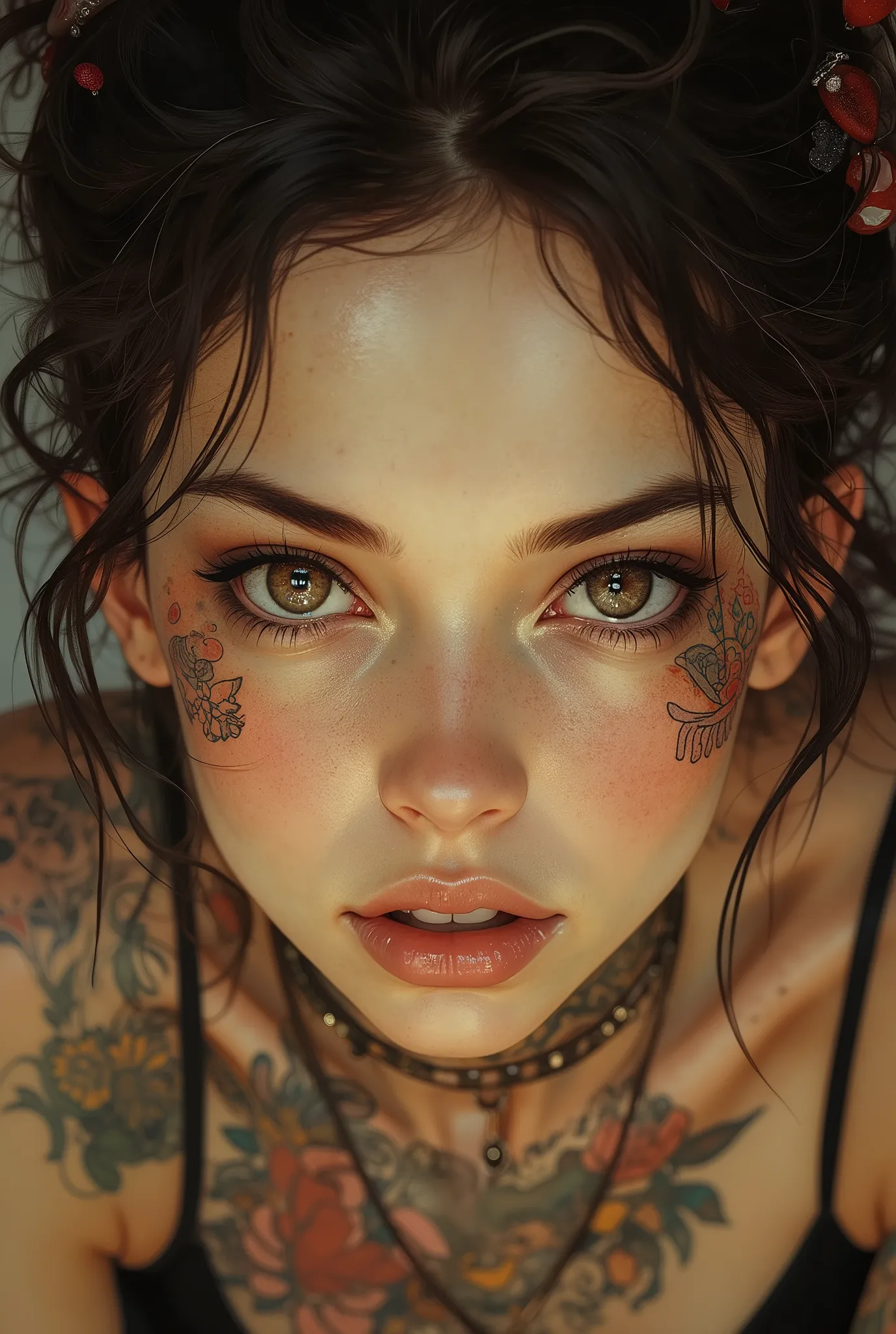 Detailed,sharp image, beautiful eyes, intrecate details, highres, masterpiece, best quality, newest, absurdres, seductive, detailed eyes, lookin at viewer, tattoos, horny, blush