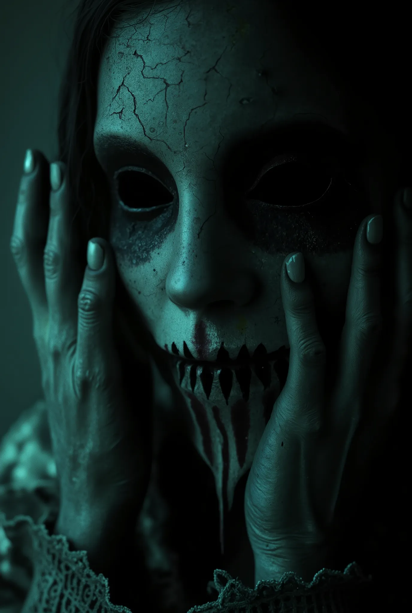 In a cursed theater, a ghostly opera singer with a cracked mask and hollow eyes is performing a haunting aria, evoking a sense of dread and beauty. Ultra-realistic, dark and atmospheric, detailed textures