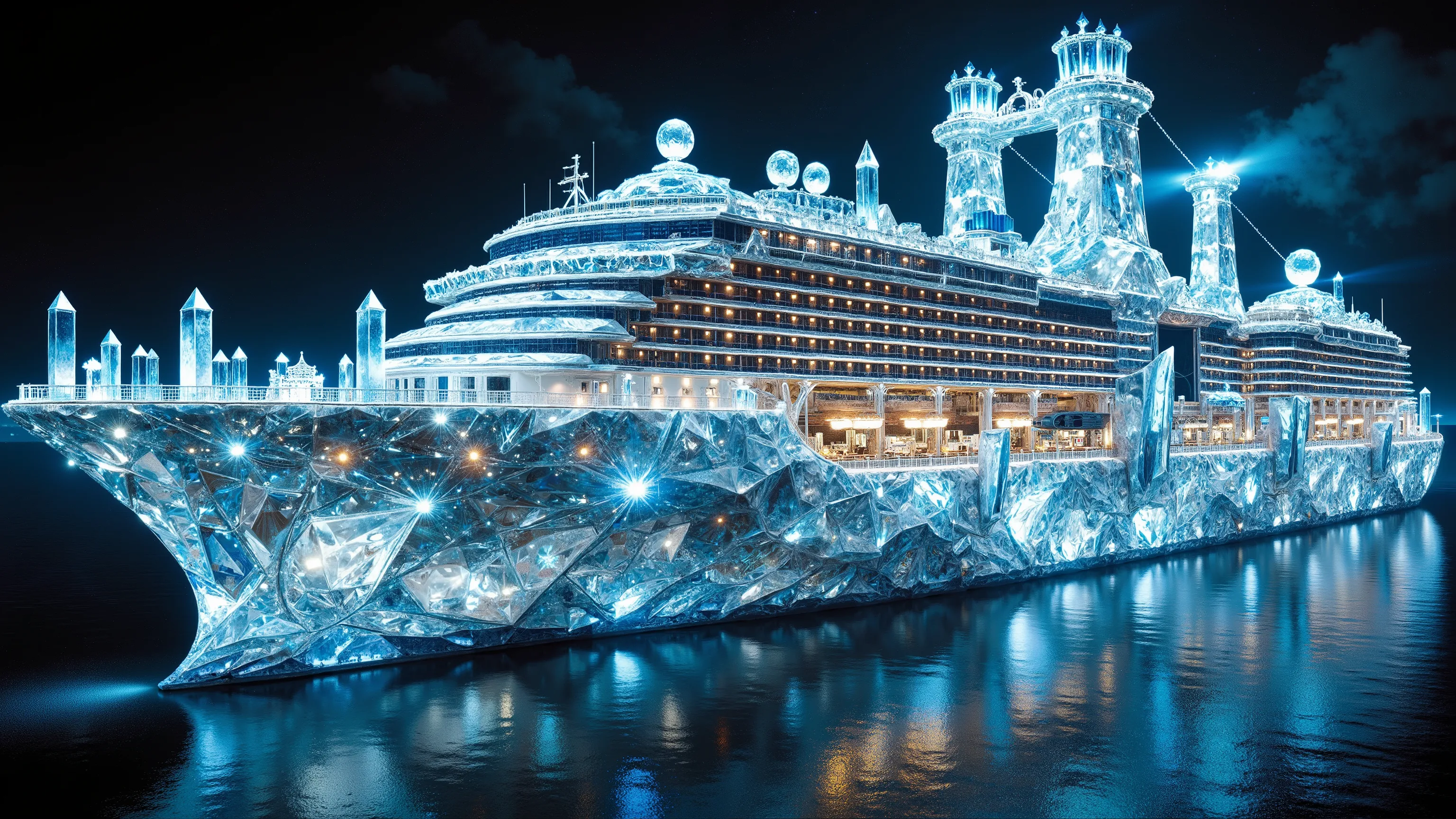a gigantic ocean liner cruise ship made entirely out of enormous sized quartz crystals found deep in the earth, hollowed out and built unto a cruise ship, 8k, high resolution,ultra-realistic, photorealistic, physically-based rendering, ultra-detailed, mast...