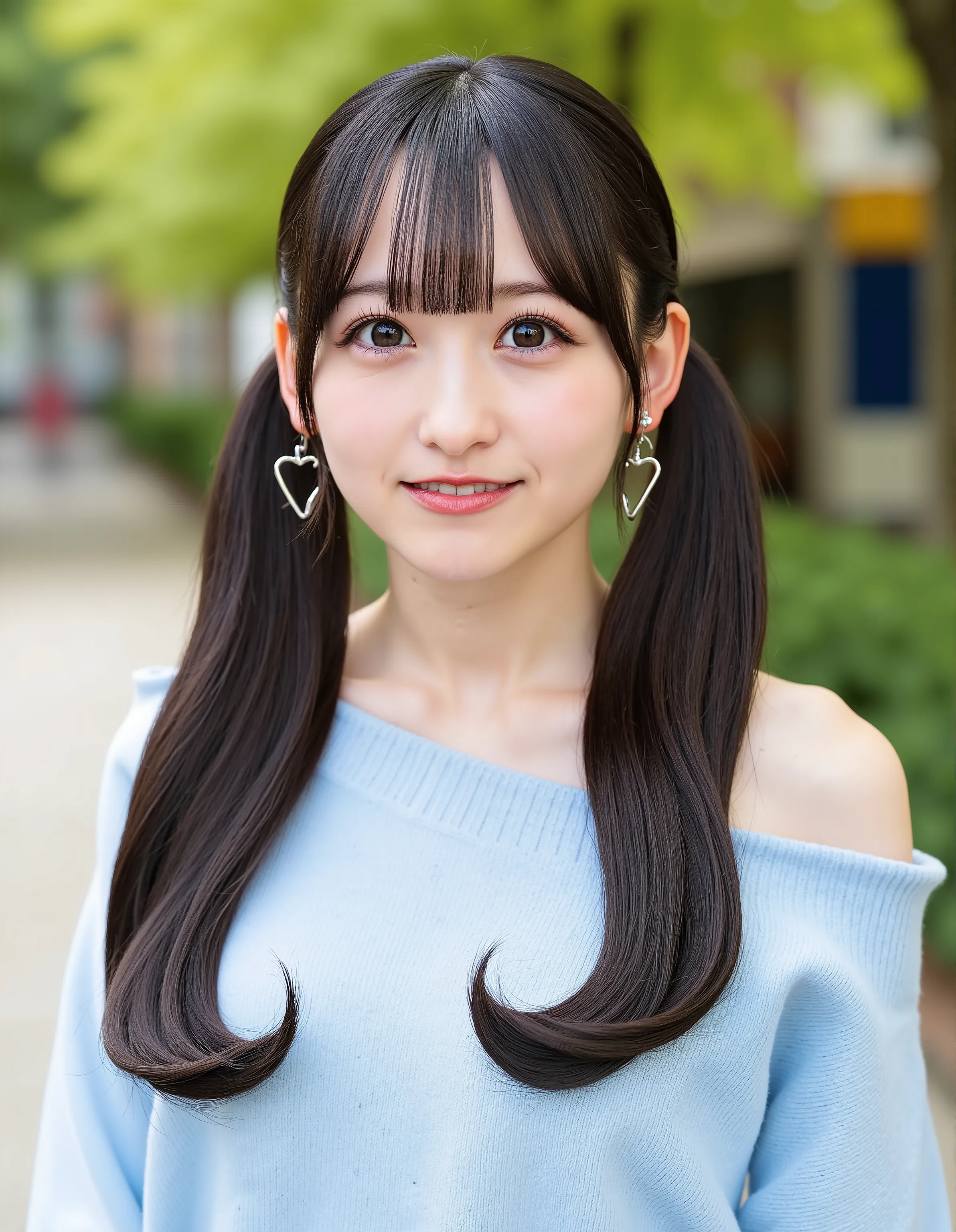 A young woman stands in an urban setting,Long, dark brown hair styled in twin ponytails cascades down each side with a smooth, glossy finish and soft, loose curls at the ends. The hair is parted neatly in the middle, adding symmetry to the hairstyle. Large...