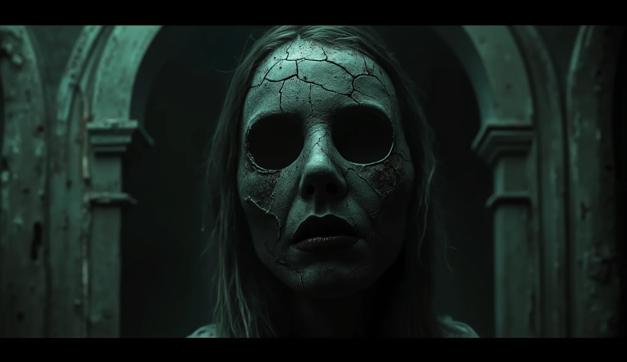 In a cursed theater, a ghostly opera singer with a cracked mask and hollow eyes is performing a haunting aria, evoking a sense of dread and beauty. Ultra-realistic, dark and atmospheric, detailed textures