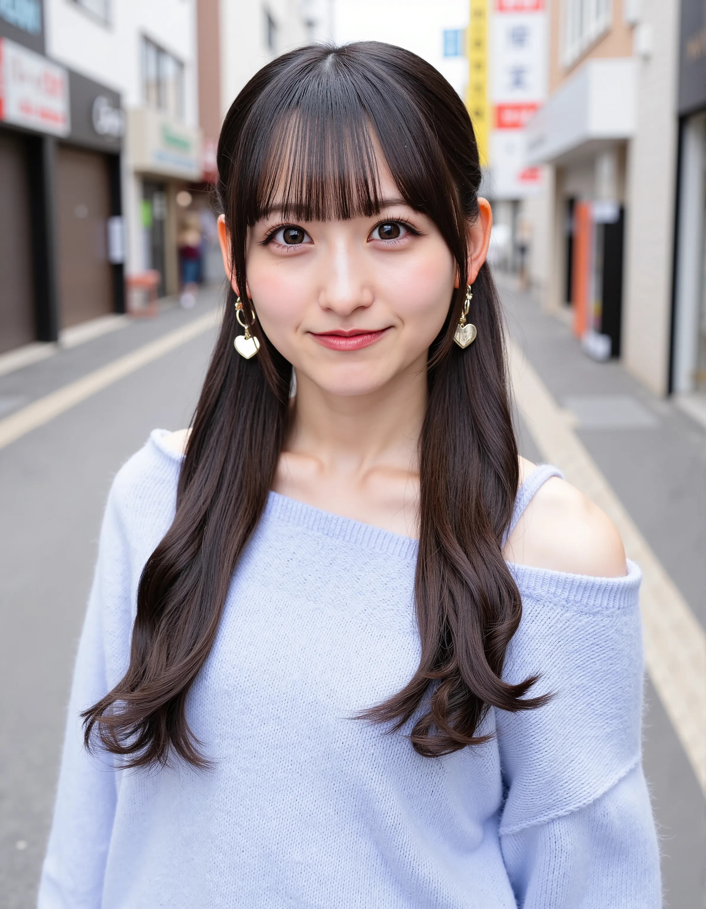 A young woman stands in an urban setting,Long, dark brown hair styled in twin ponytails cascades down each side with a smooth, glossy finish and soft, loose curls at the ends. The hair is parted neatly in the middle, adding symmetry to the hairstyle. Large...