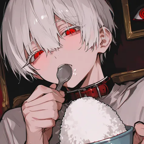    score   _9,    score   _8_Up,    score   _7_Up,    score   _6_Up,    score   _5_Up,    score   _4_Up, Cool 1boy, ((Dusk white)),   White hair, short hair, short hair, red eyes, evil eye, long eyelashes, Adult,as the viewer,Dining room, 結實的肌肉 ,Stronger muscles eating rice ,tilt head,   