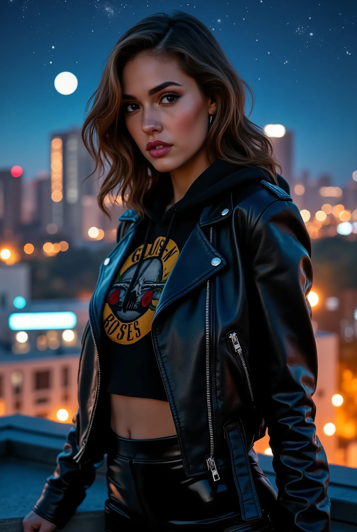 brunette woman, wearing a cropped leather moto jacket with detailed zippers worn over a Guns & Roses cropped hoodie. The jacket should look glossy and high-quality with light reflections emphasizing its texture, black pvc latex wetlook leggings, (wavy hair...