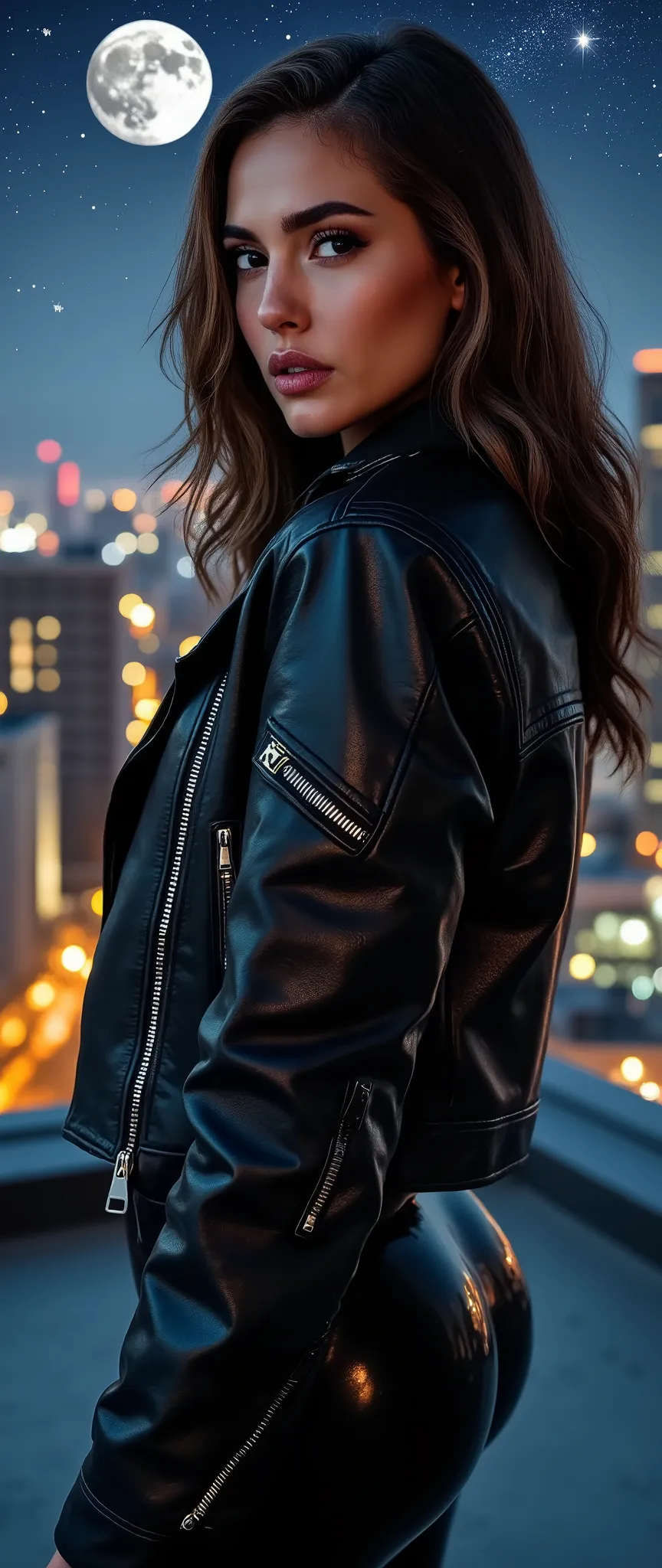 brunette woman, wearing a cropped leather moto jacket with detailed zippers worn over a Guns & Roses cropped hoodie. The jacket should look glossy and high-quality with light reflections emphasizing its texture, black pvc latex wetlook leggings, (wavy hair...