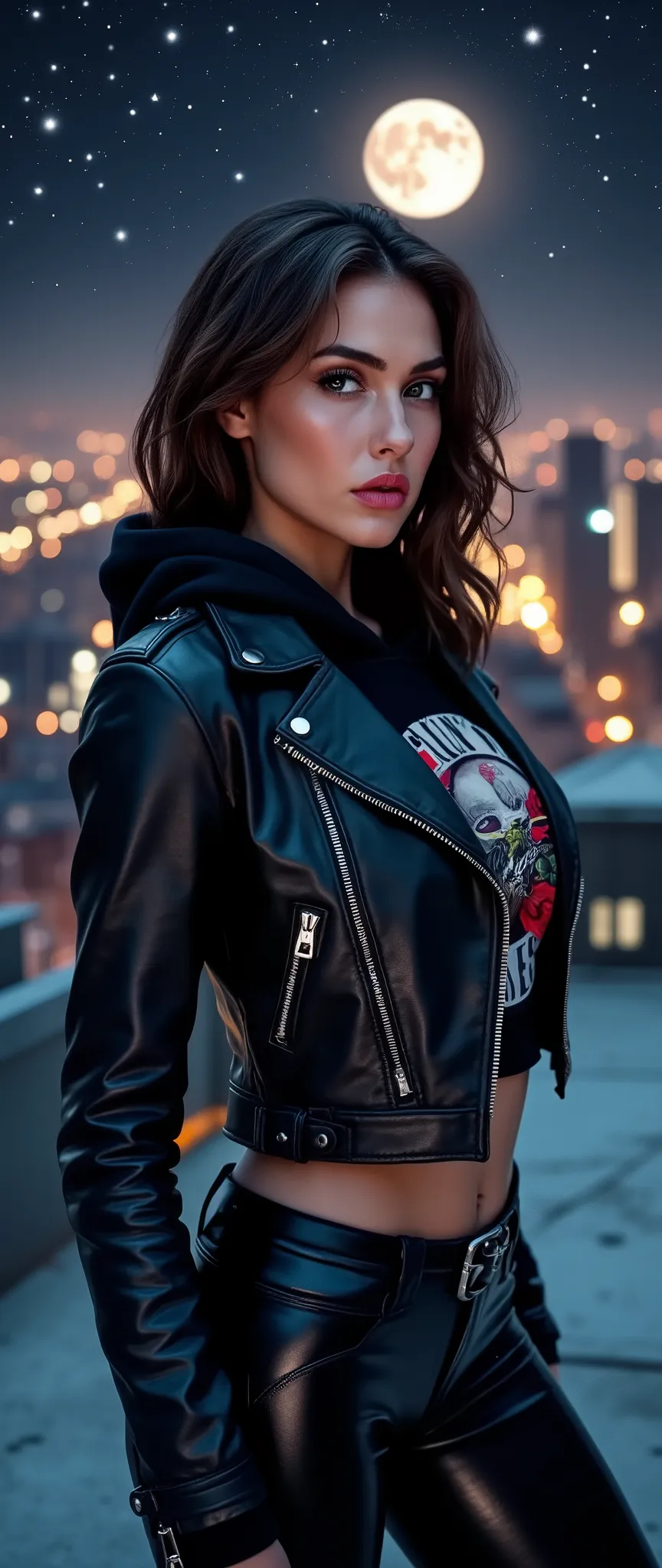 brunette woman, wearing a cropped leather moto jacket with detailed zippers worn over a Guns & Roses cropped hoodie. The jacket should look glossy and high-quality with light reflections emphasizing its texture, black pvc latex wetlook leggings, (wavy hair...