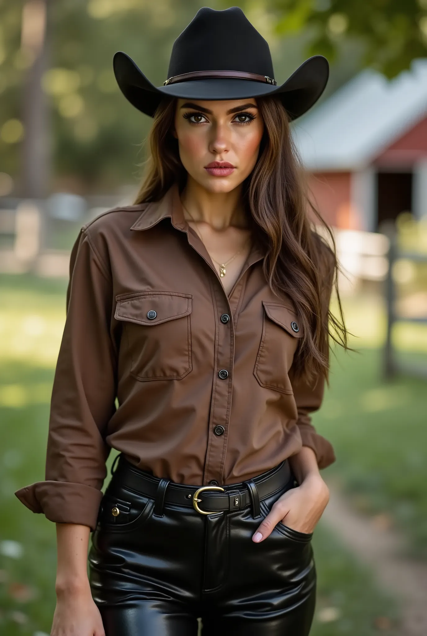  fullbody photo of a 26 years old woman with long hair. She is standing outside of a farm. She is a cowgirl. She is wearing a glossy black latex pants with pockets and a button down shirt out of brown latex. She is also wearing black leather overknee ridin...