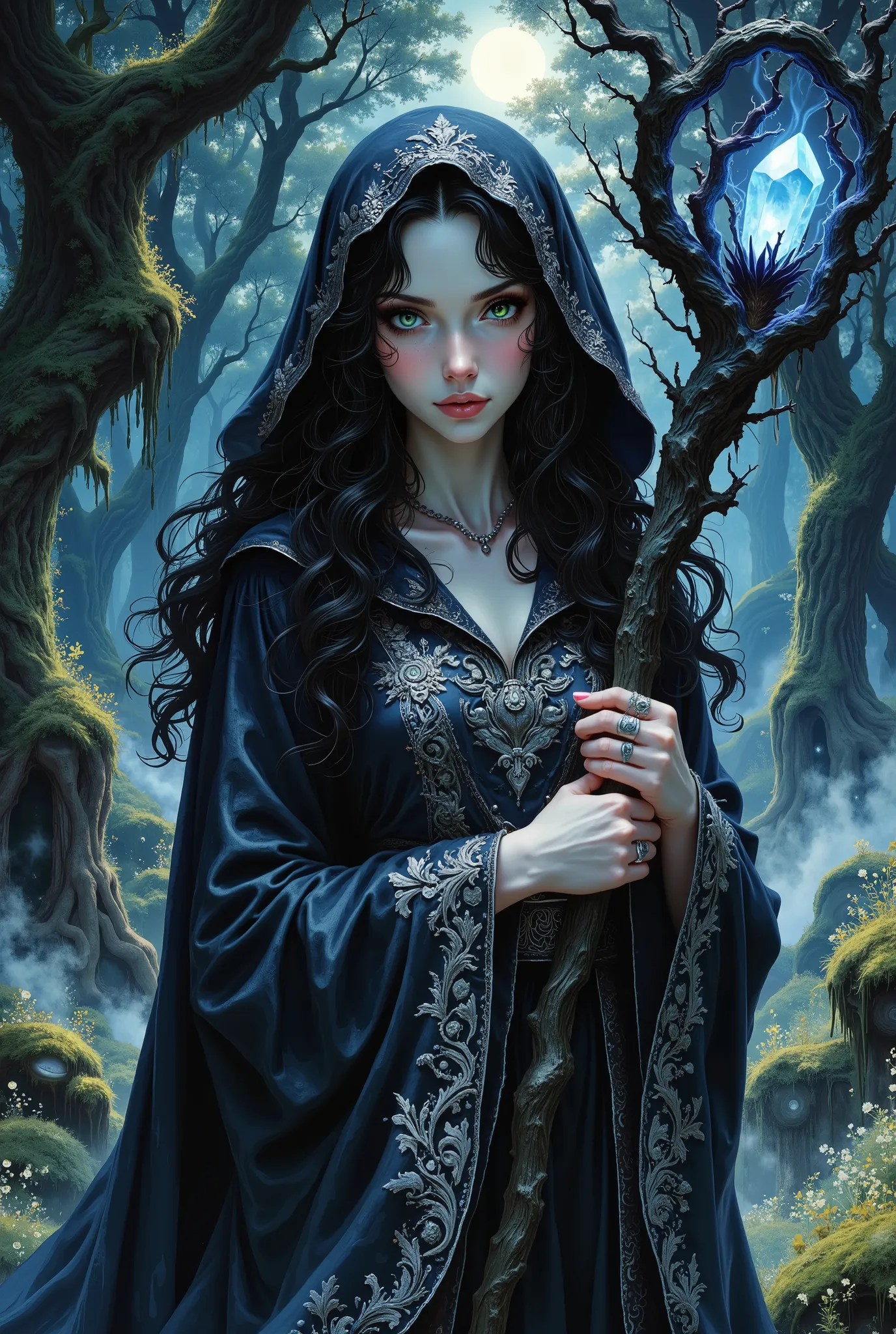 A realistic photo with a cinematic feel. In the photo, a female necromancer stands in a dense forest. The Necromancer has pale and smooth skin and long black curly hair that hangs naturally. She has a pair of green eyes, which are piercing. Her facial feat...
