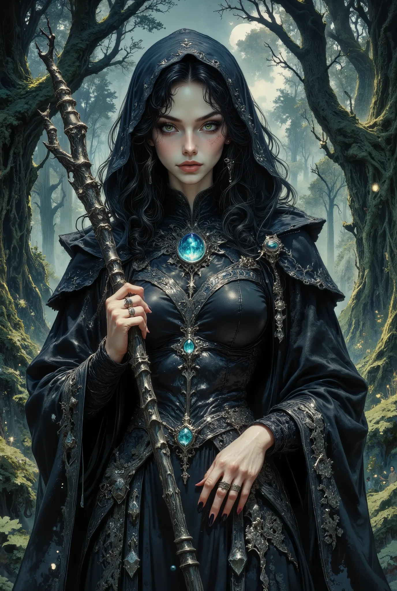 A realistic photo with a cinematic feel. In the photo, a female necromancer stands in a dense forest. The Necromancer has pale and smooth skin and long black curly hair that hangs naturally. She has a pair of green eyes, which are piercing. Her facial feat...
