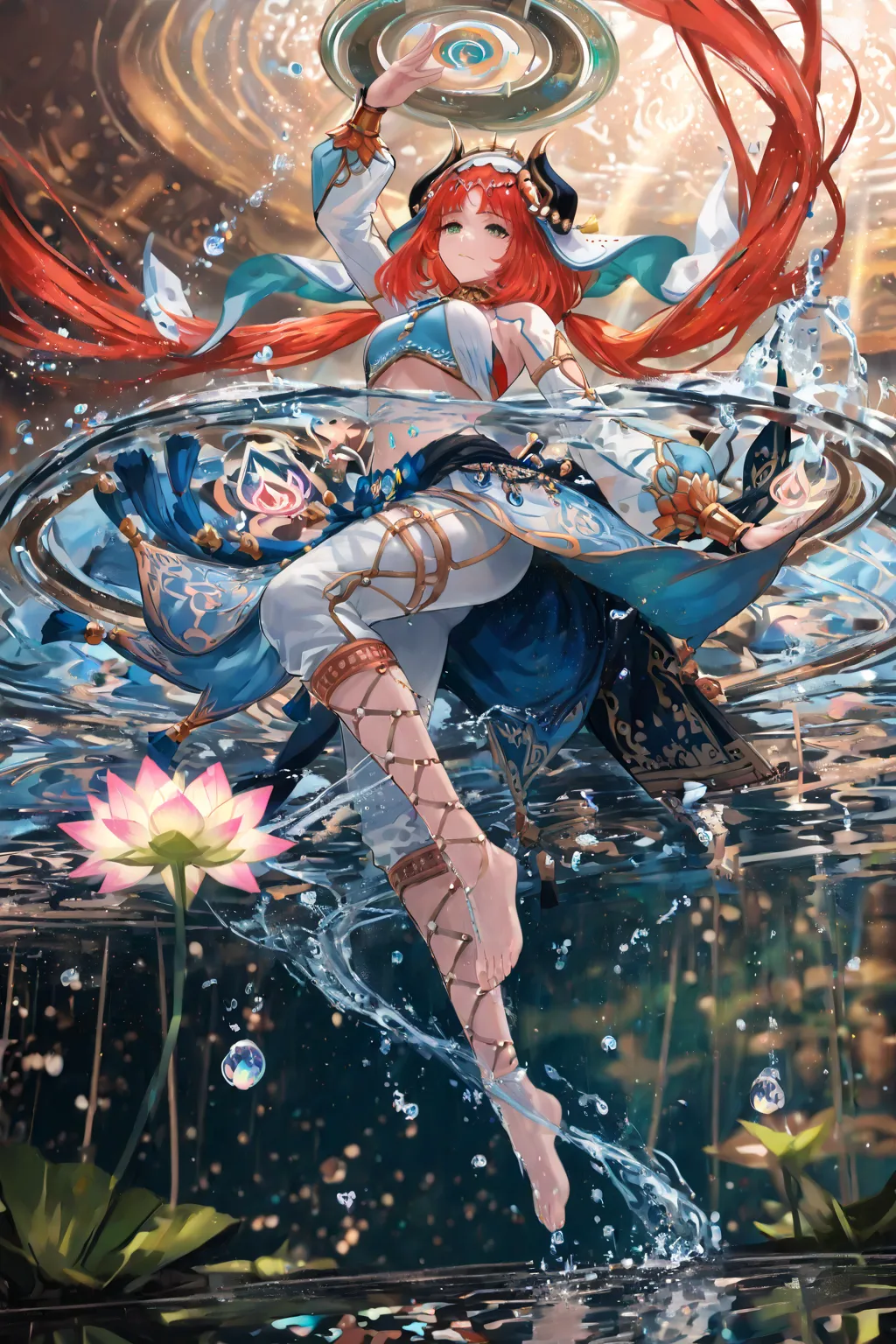 masterpiece, high quality, ultra-detailed, Nilou, genshin impact style, (floating in mid-air:1.3), zero gravity dance pose, suspended animation, (multiple floating water orbs:1.2), red hair weightlessly flowing upward, golden headdress with floating ribbons, green eyes with magical glow, red crop top with gold trim, flowing white pants defying gravity, bare feet pointed elegantly, (concentric rings of floating water droplets:1.4), (water spheres orbiting around her body:1.2), levitating dance pose, arms gracefully extended, (suspended water lotus patterns:1.3), hydro element particles, crystalline water bubbles, teal energy wisps, (antigravity effects:1.2), floating fabric pieces, ethereal mist, water strings connecting droplets, magical energy threads, dynamic lighting from below, glowing teal aura, golden light particles, suspended water crystals, floating jewelry, weightless motion blur, aerial dance pose, serene expression, atmospheric fog effects, depth of field, light rays piercing through water, (shot from below angle:1.2), transparent water reflections