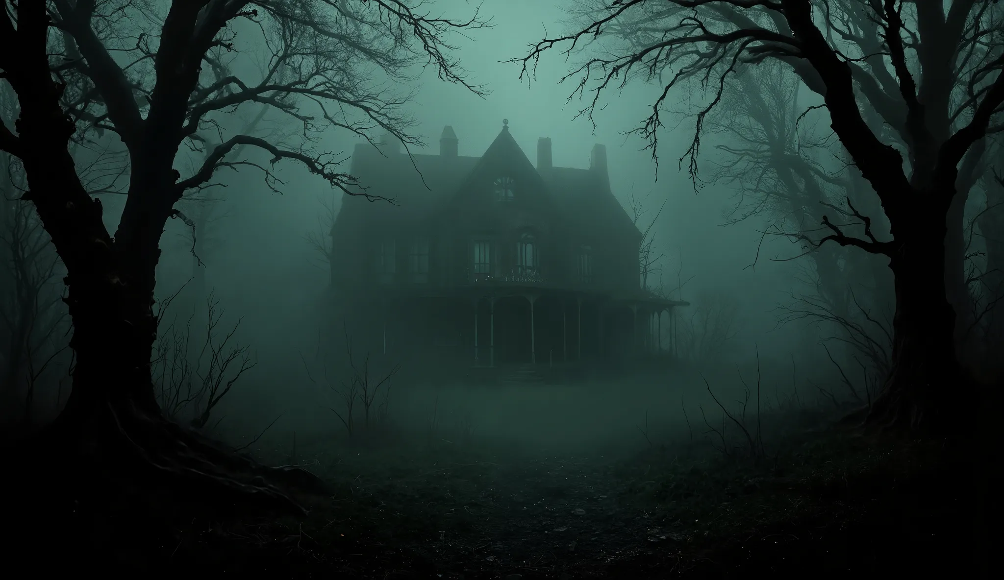 Twisted trees, dark woods, haunted mansion, creepy, surreal, high detail, masterpiece.