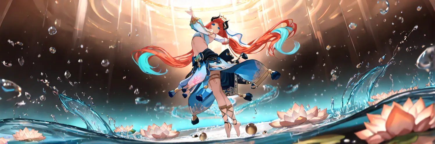 masterpiece, high quality, ultra-detailed, Nilou, genshin impact style, (floating in mid-air:1.3), zero gravity dance pose, suspended animation, (multiple floating water orbs:1.2), red hair weightlessly flowing upward, golden headdress with floating ribbons, green eyes with magical glow, red crop top with gold trim, flowing white pants defying gravity, bare feet pointed elegantly, (concentric rings of floating water droplets:1.4), (water spheres orbiting around her body:1.2), levitating dance pose, arms gracefully extended, (suspended water lotus patterns:1.3), hydro element particles, crystalline water bubbles, teal energy wisps, (antigravity effects:1.2), floating fabric pieces, ethereal mist, water strings connecting droplets, magical energy threads, dynamic lighting from below, glowing teal aura, golden light particles, suspended water crystals, floating jewelry, weightless motion blur, aerial dance pose, serene expression, atmospheric fog effects, depth of field, light rays piercing through water, (shot from below angle:1.2), transparent water reflections