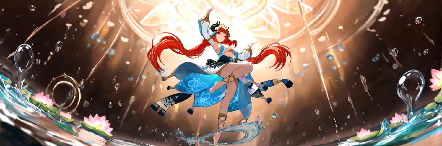 masterpiece, high quality, ultra-detailed, Nilou, genshin impact style, (floating in mid-air:1.3), zero gravity dance pose, suspended animation, (multiple floating water orbs:1.2), red hair weightlessly flowing upward, golden headdress with floating ribbons, green eyes with magical glow, red crop top with gold trim, flowing white pants defying gravity, bare feet pointed elegantly, (concentric rings of floating water droplets:1.4), (water spheres orbiting around her body:1.2), levitating dance pose, arms gracefully extended, (suspended water lotus patterns:1.3), hydro element particles, crystalline water bubbles, teal energy wisps, (antigravity effects:1.2), floating fabric pieces, ethereal mist, water strings connecting droplets, magical energy threads, dynamic lighting from below, glowing teal aura, golden light particles, suspended water crystals, floating jewelry, weightless motion blur, aerial dance pose, serene expression, atmospheric fog effects, depth of field, light rays piercing through water, (shot from below angle:1.2), transparent water reflections