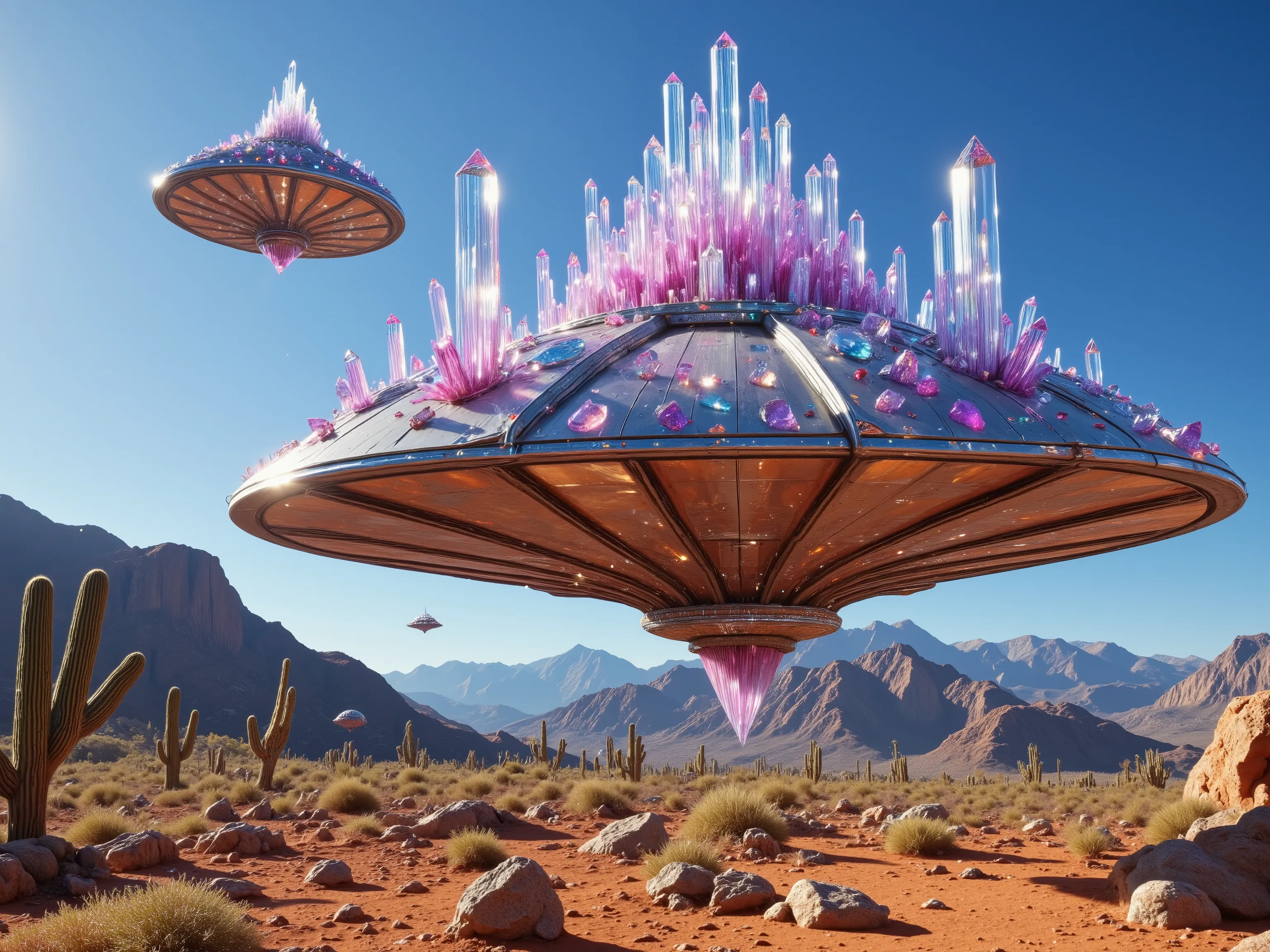 A fantastical scene unfolds in an arid desert landscape with rugged mountains in the distance.A UFO with hundreds of quartz crystals protruding from the top and bottom. Dominating the sky,  a hovering metallic saucer-shaped structure composed of silver met...