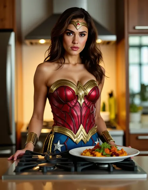 Ana Sofia Fehn as Wonder Woman working in her kitchen cooking as perfect dish of food
