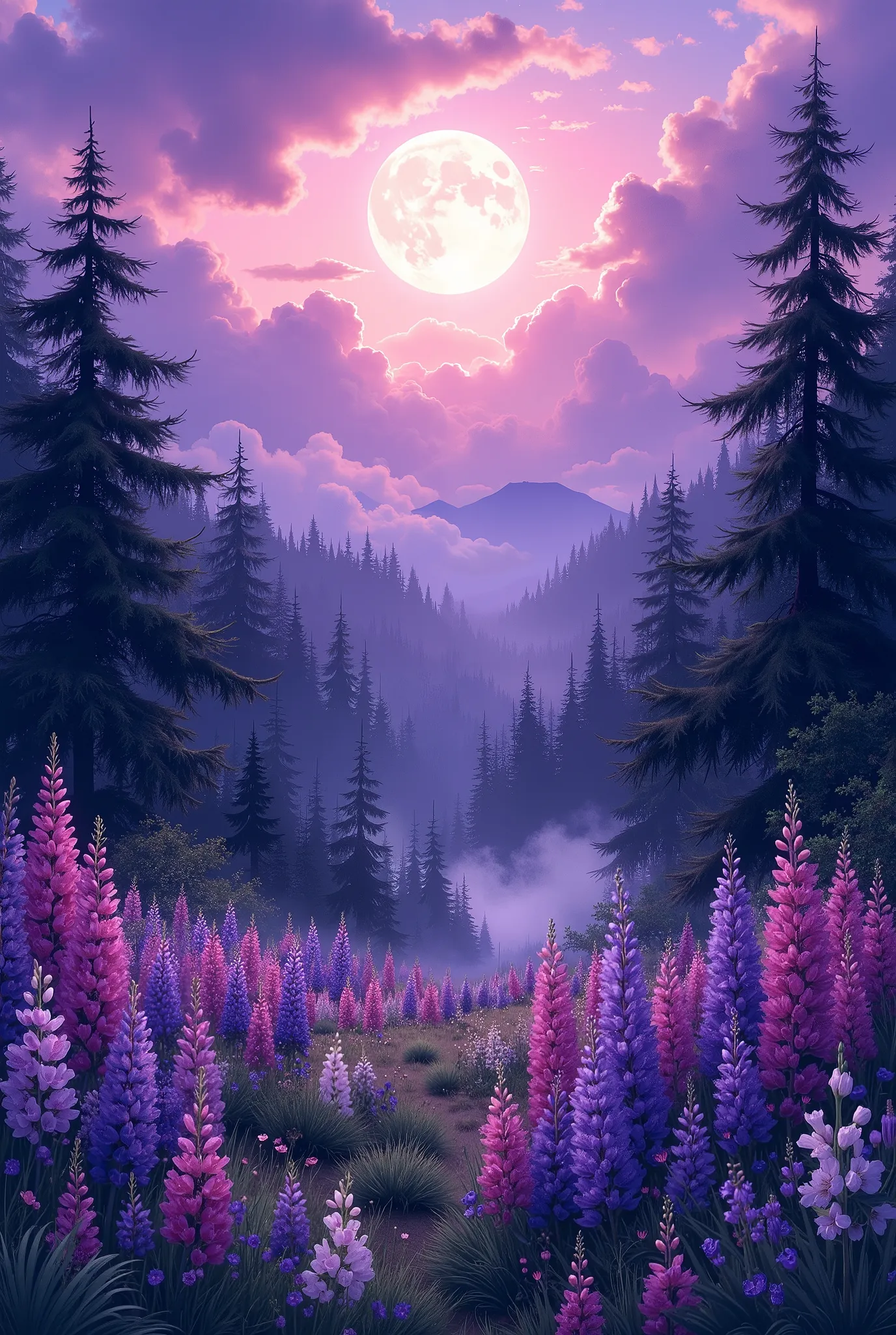 glowing full moon shines through purple-pink clouds above a dense pine forest. In the foreground, a lush meadow of tall blooming lupine flowers in shades of purple, pink, and white. Mist drifts gently between the trees, creating a magical and serene atmosp...