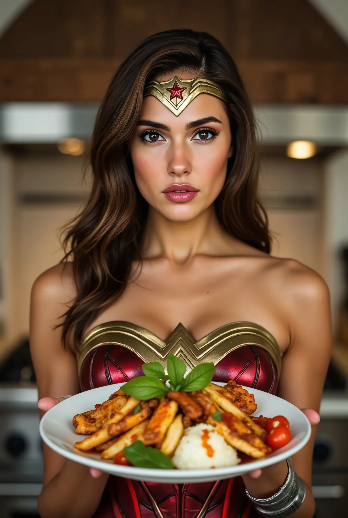  Ana Sofia Fehn as Wonder Woman working in her kitchen showing the viewer the perfect plate of Italian food she just prepared, brown eyes
