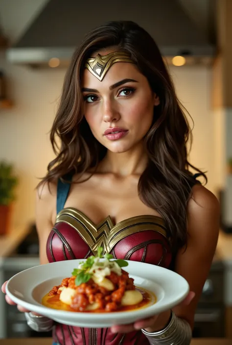 Ana Sofia Fehn as Wonder Woman working in her kitchen showing the viewer the perfect plate of Italian food she just prepared, brown eyes