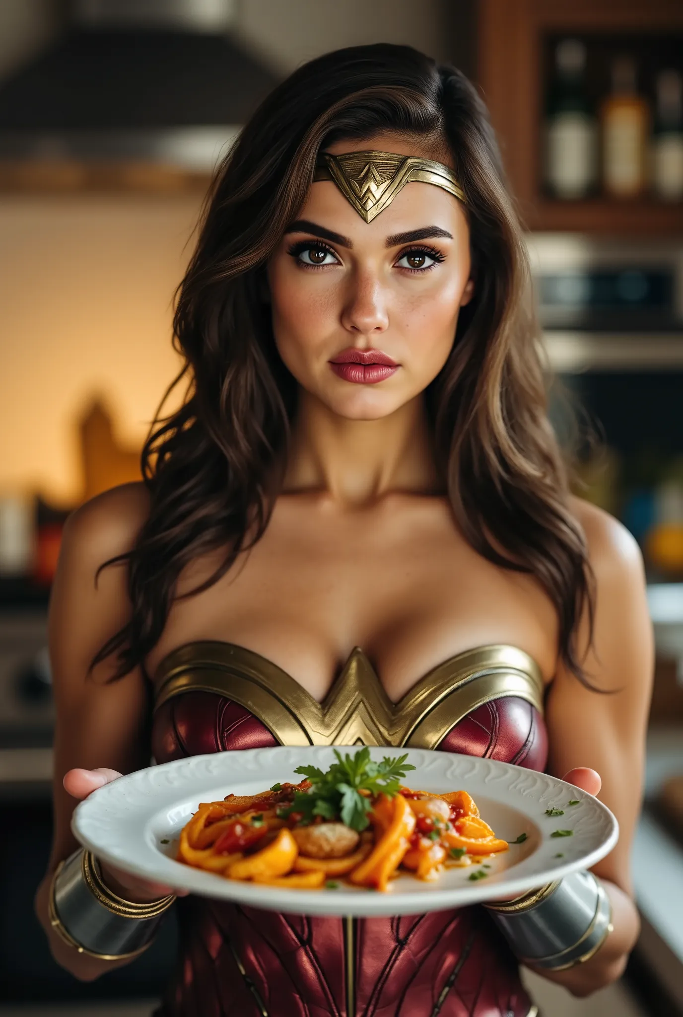  Ana Sofia Fehn as Wonder Woman working in her kitchen showing the viewer the perfect plate of Italian food she just prepared, brown eyes