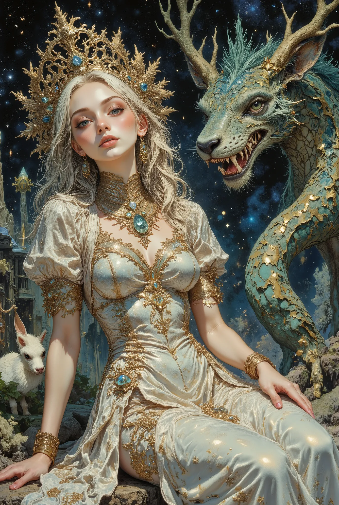 new age world, unique animals, pleiadian girl, pale skin, pale hair, jewelry, beautiful makeup, dresses, space, shimmer, sitting, different nature combined together, grace, hyper image, photorealism, ornate, filigree