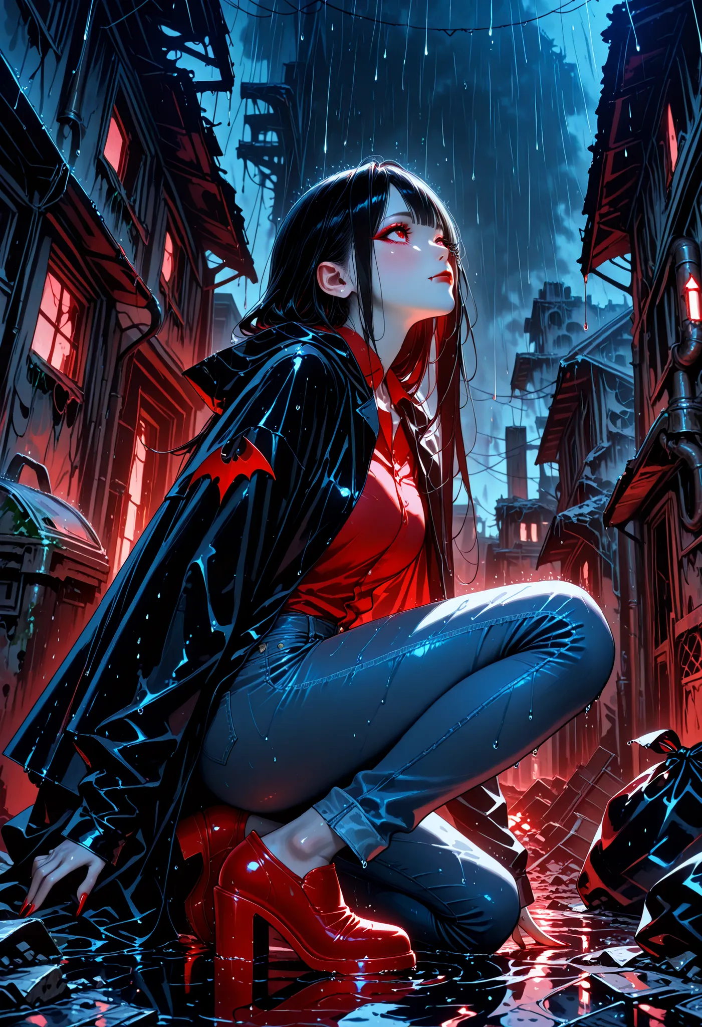 Very High resolution,Realistic and mature anime-style,masterpiece,best quality,amazing quality,hyper-detailed,very aesthetic,from side,from below,(A ruined abandoned village:1.3),(A building reduced to rubble),Flooded,Heavy rain falling,Late at night,A fem...